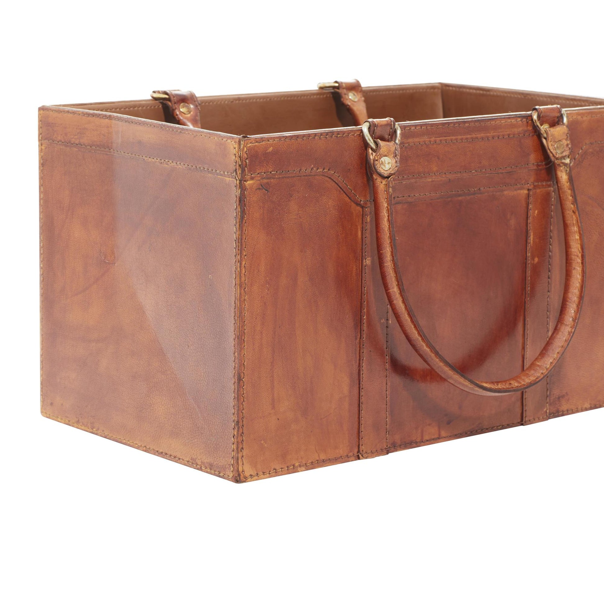 Brown Leather Handmade Box Style Decorative Magazine Holder with Detail Stitching and Curved Handles