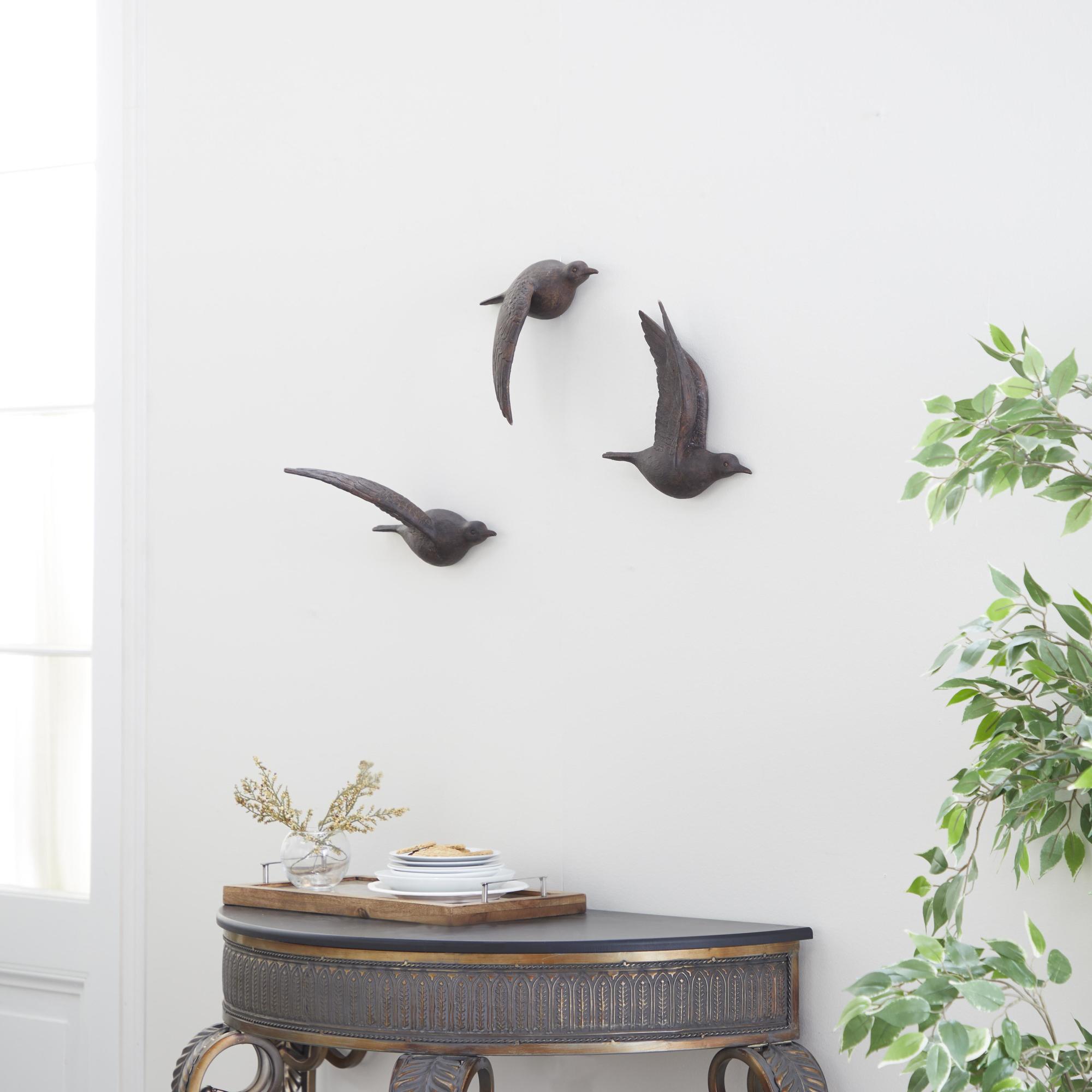 Set of 3 Bird Polystone Metallic 3D Sculpted Home Wall Decor Set of 3 10", 9", 9"H