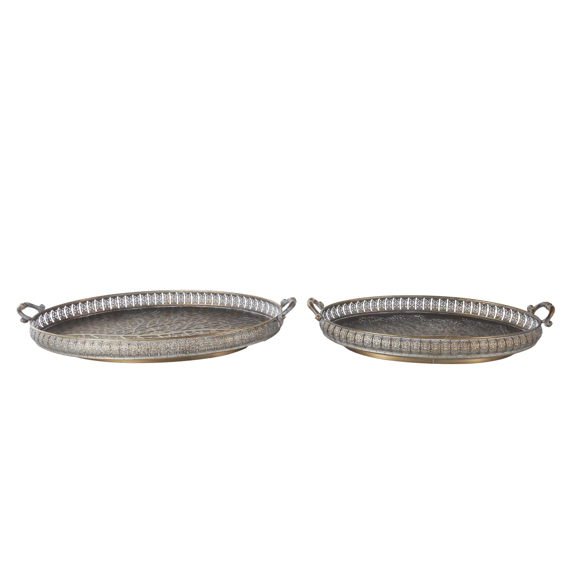 Set of 2 Scroll Brass Metal Ornate Oval Living Room Decor Tray with Tree Patterned Interior