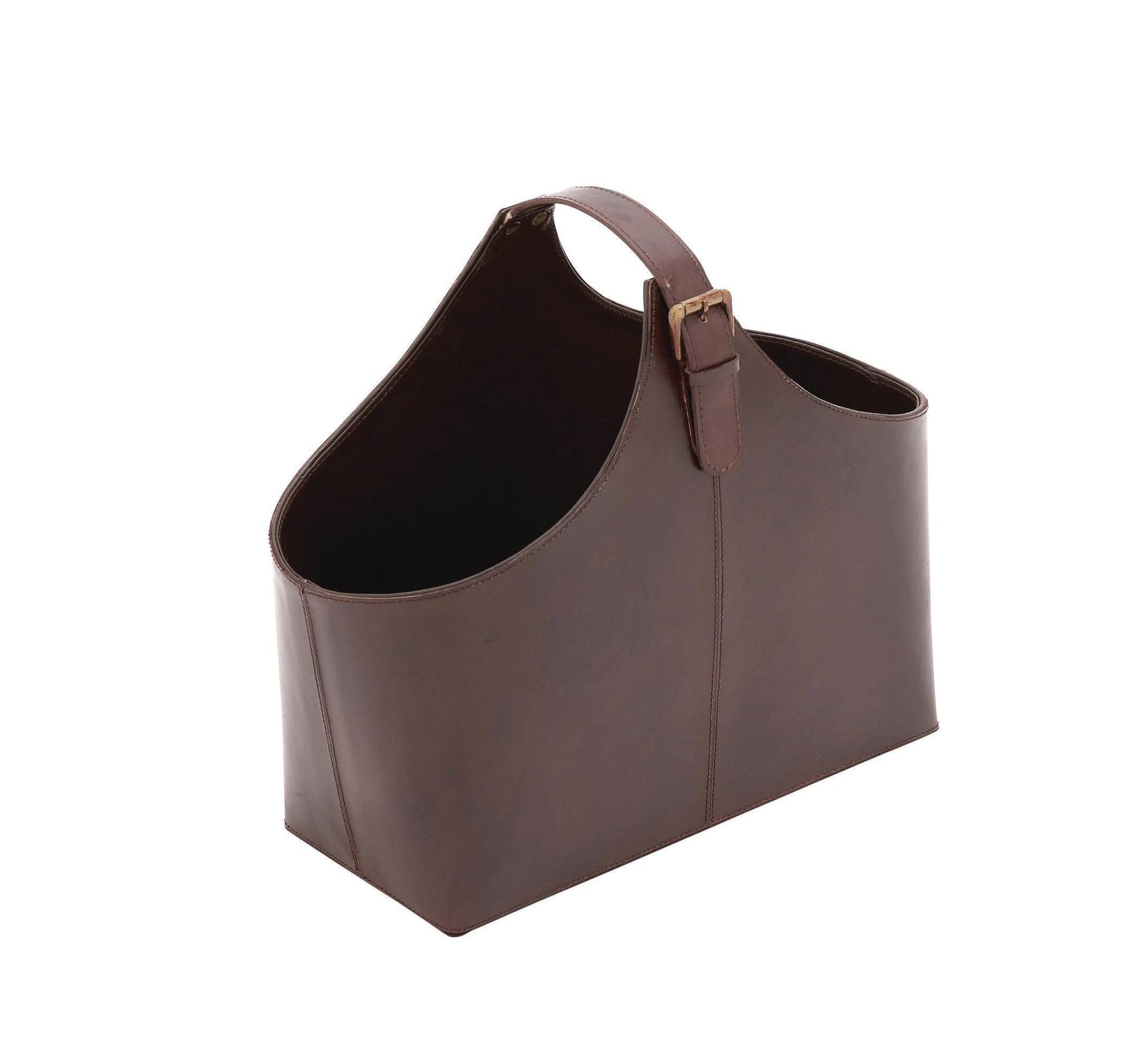 Leather Handmade Box Style Decorative Magazine Holder with Detail Stitching and Curved Buckle Handle