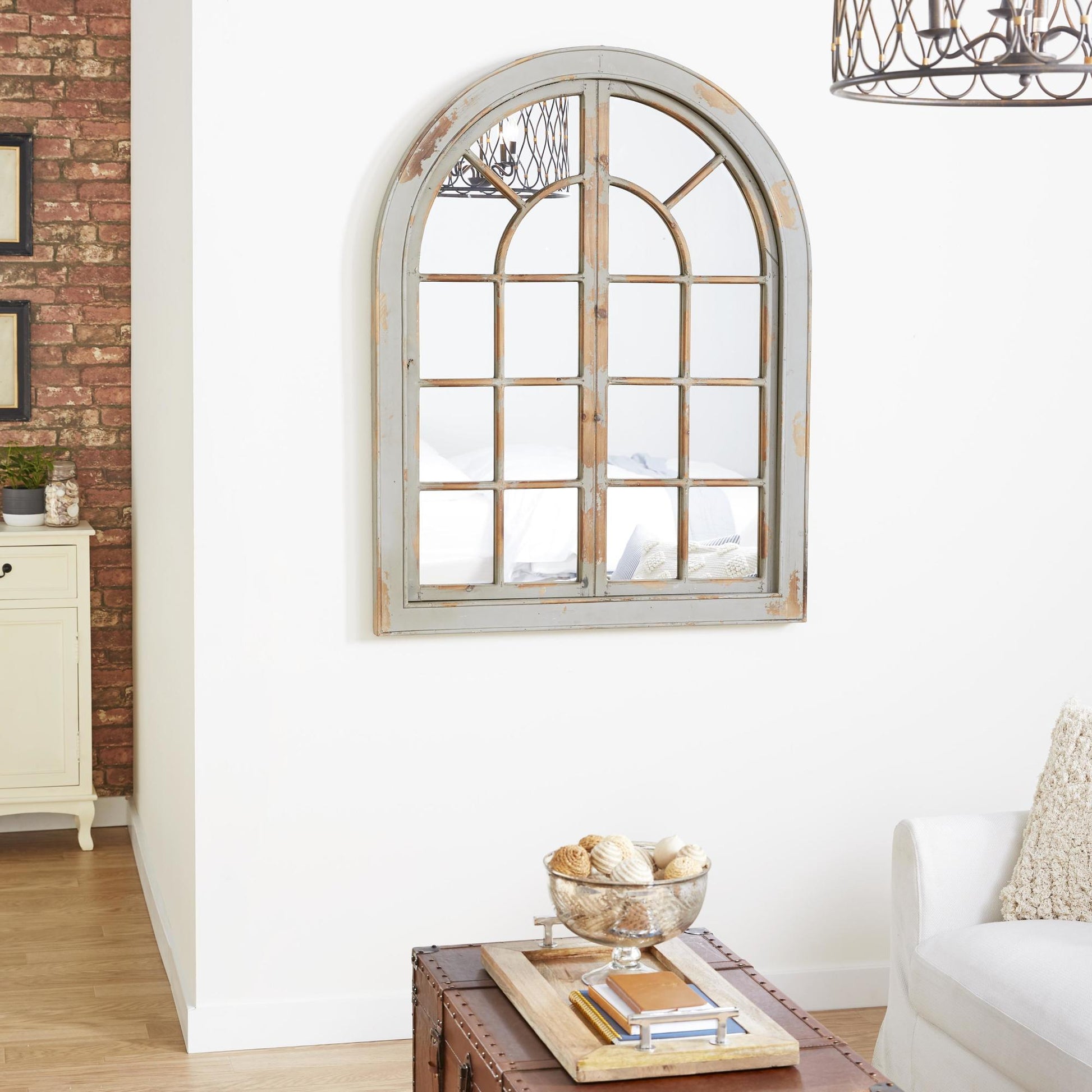 Wood Window Pane Inspired Room Wall Mirror with Arched Top and Distressing