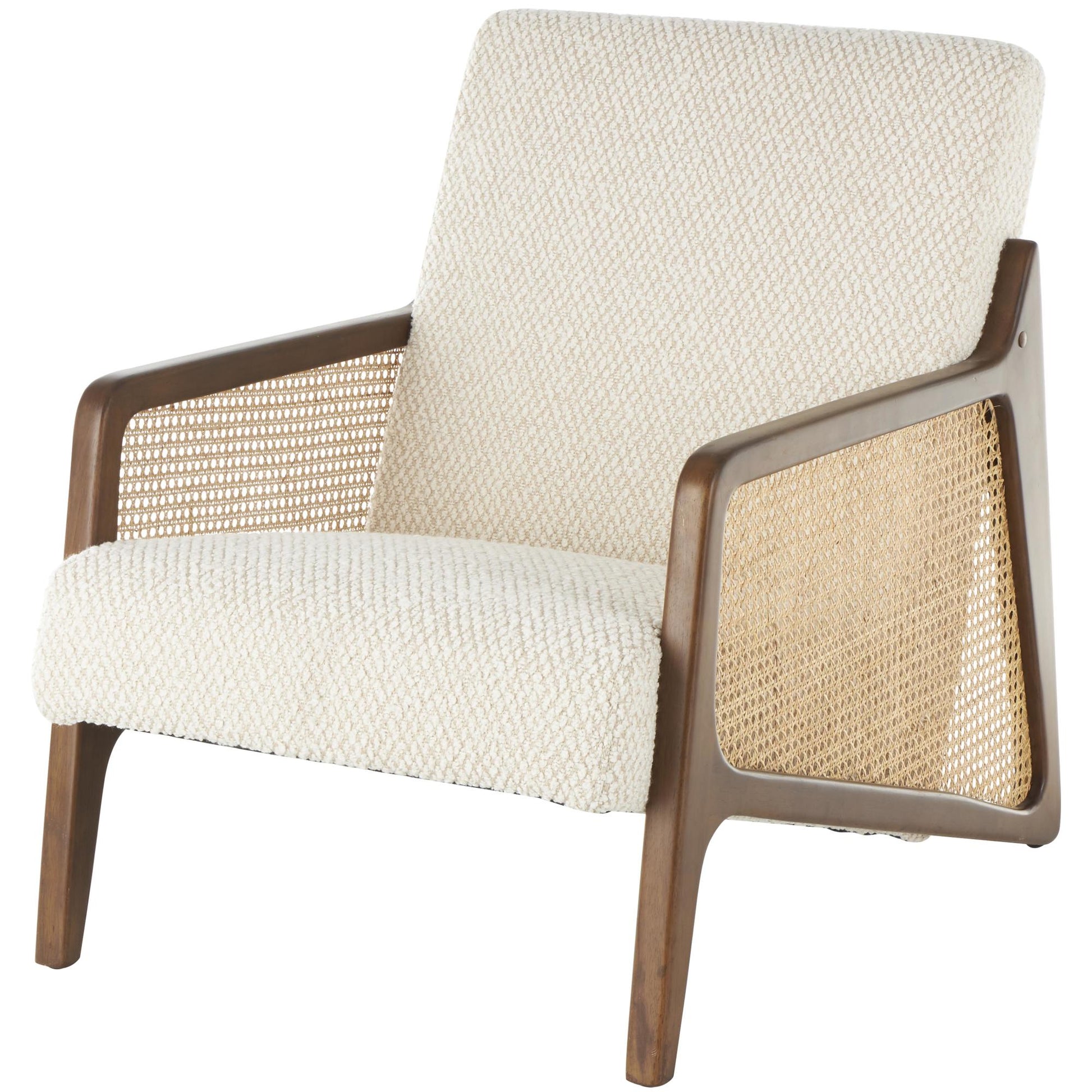 Cream Wood Upholstered Boucle Living Room Accent Chair with Brown Wooden Frame and Rattan Cane Panels