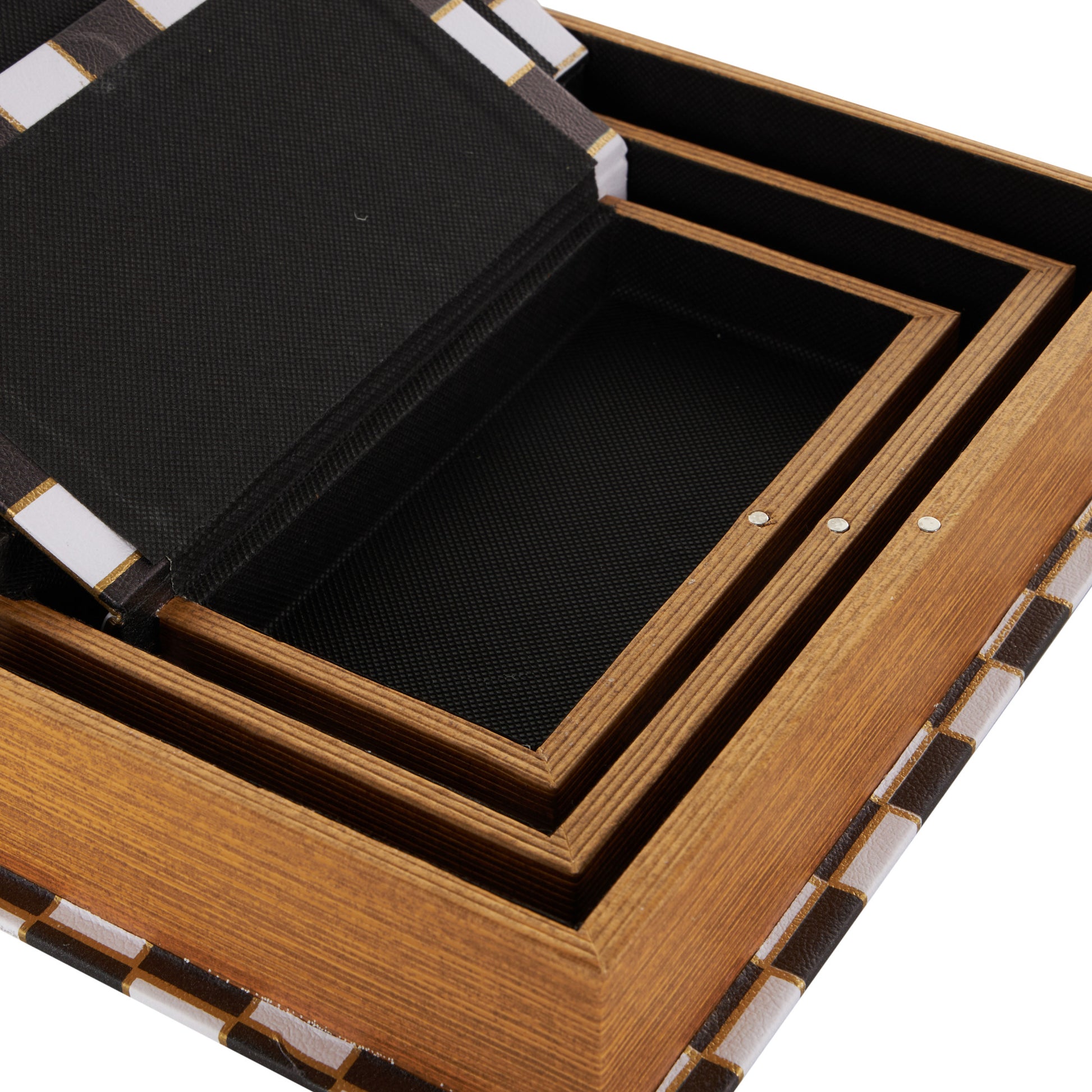 Set of 3 Black Faux Leather Checkered Faux Book Storage Decorative Box with White and Metallic Gold Accents