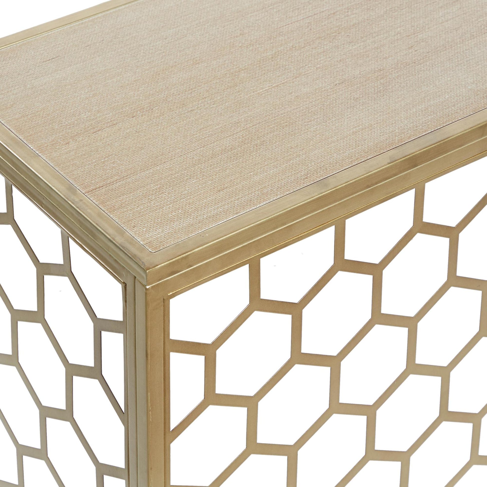 Geometric Gold Metal Honeycomb Pattern Living Room Console Table with Brown Wood Top