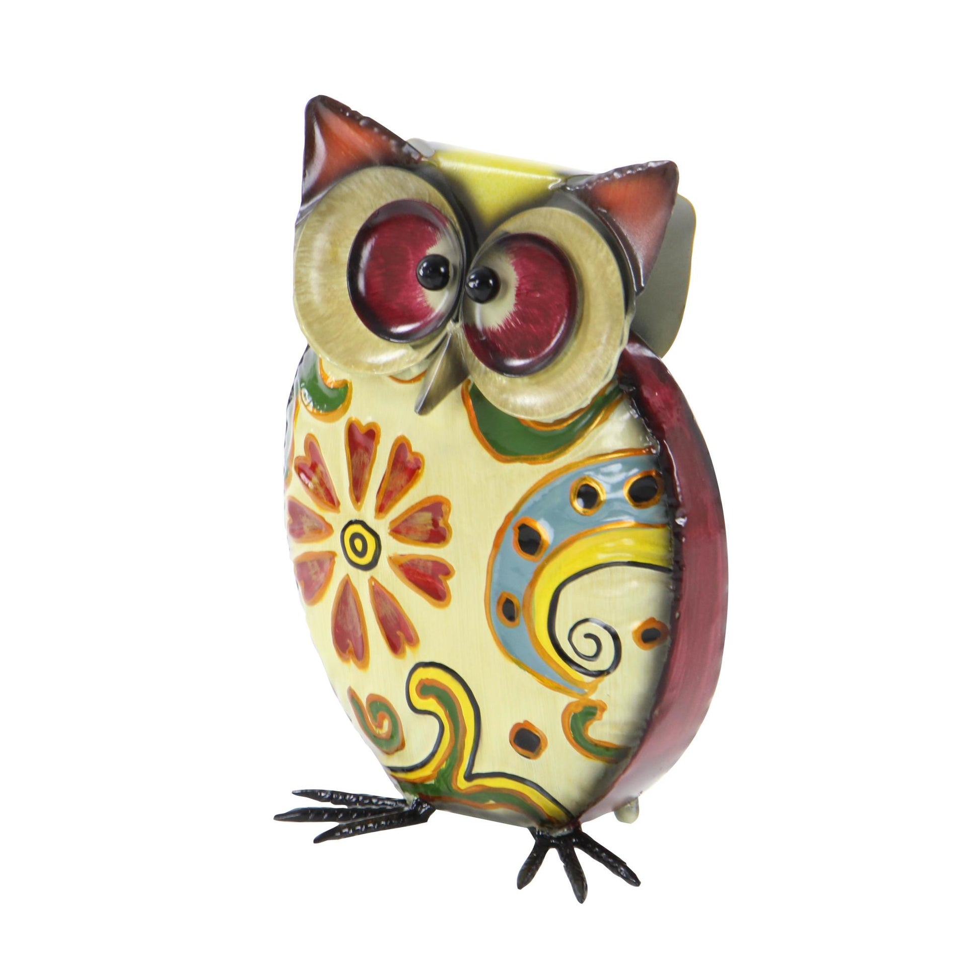 Owl Yellow Metal Indoor Outdoor Decorative Garden Sculpture with Floral Pattern