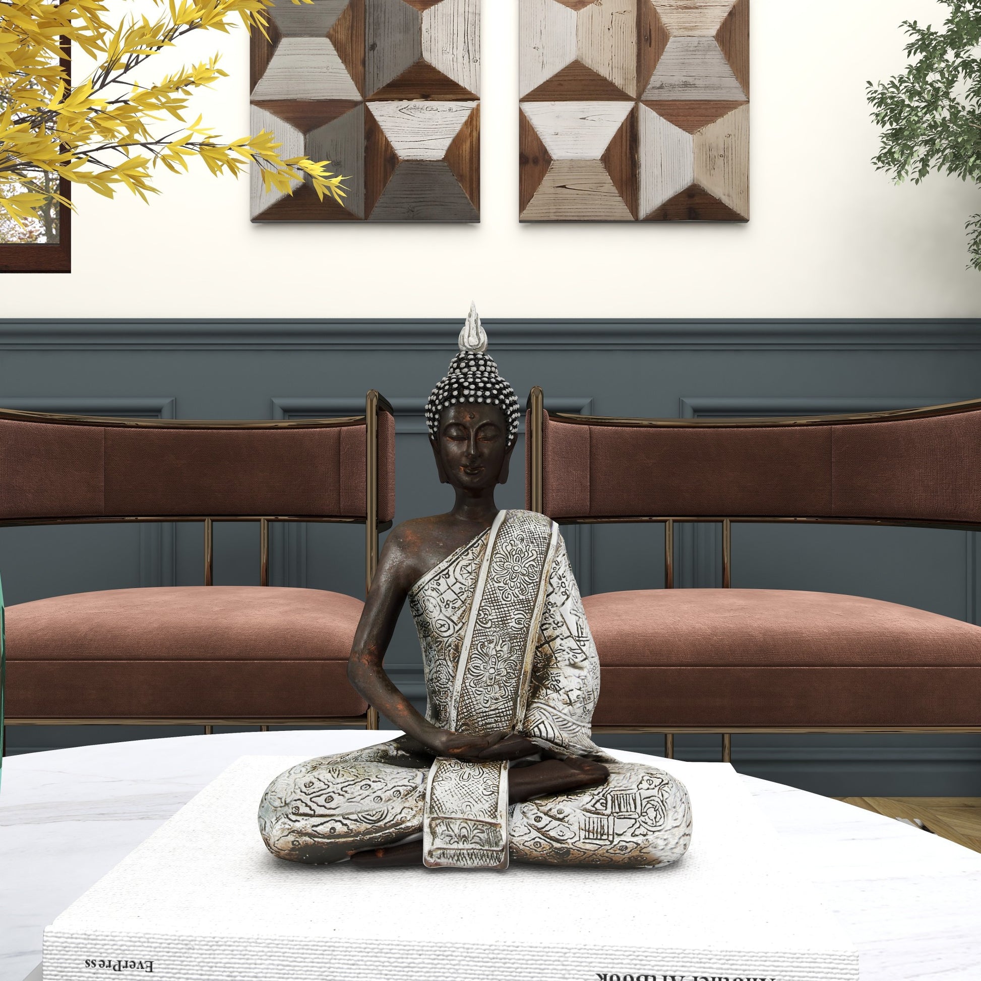 Buddha Silver Polystone Meditating Decorative Sculpture with Engraved Carvings and Relief Detailing