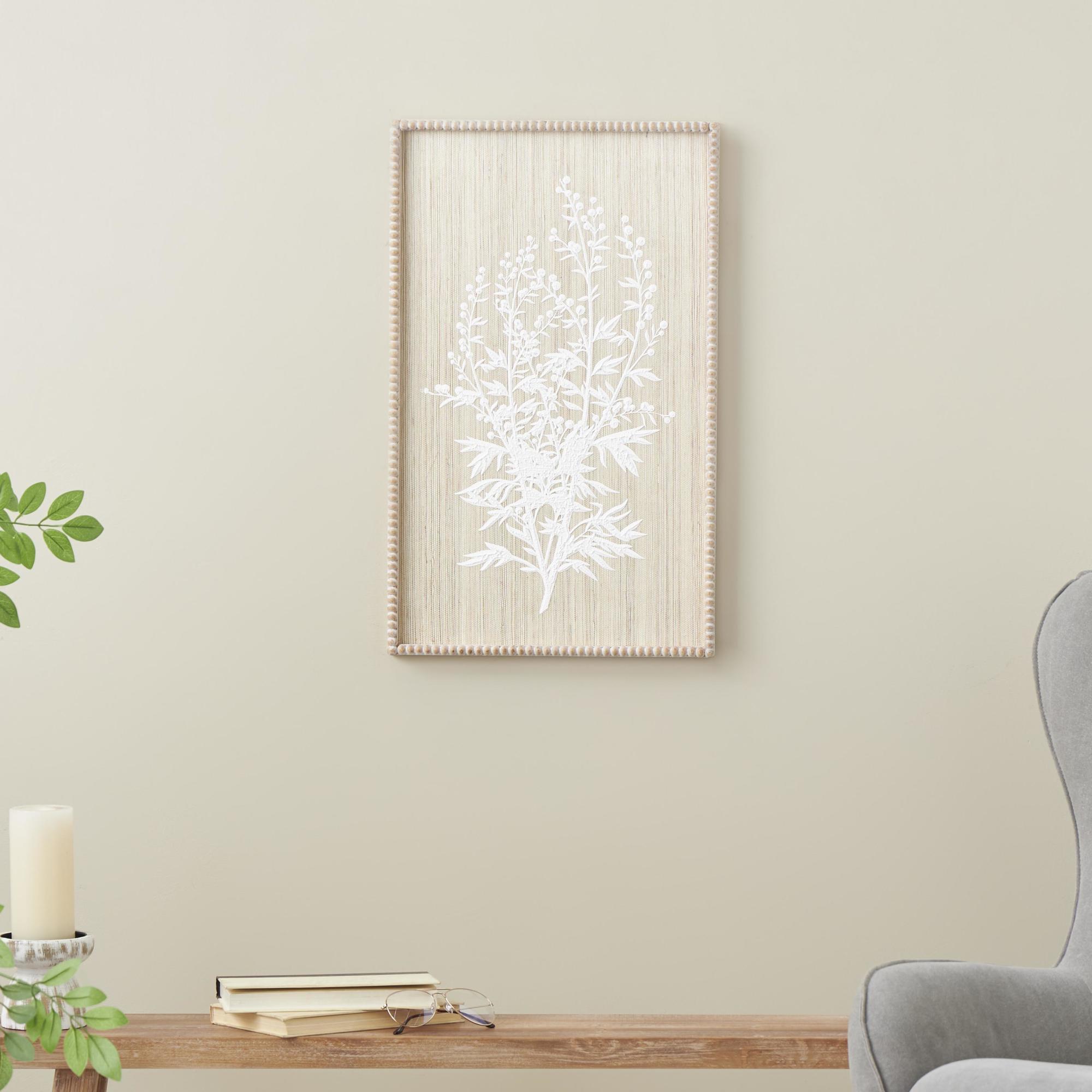 Floral Cream Wood Textured Living Room Framed Wall Art with White Painted Accents and Beaded Frame