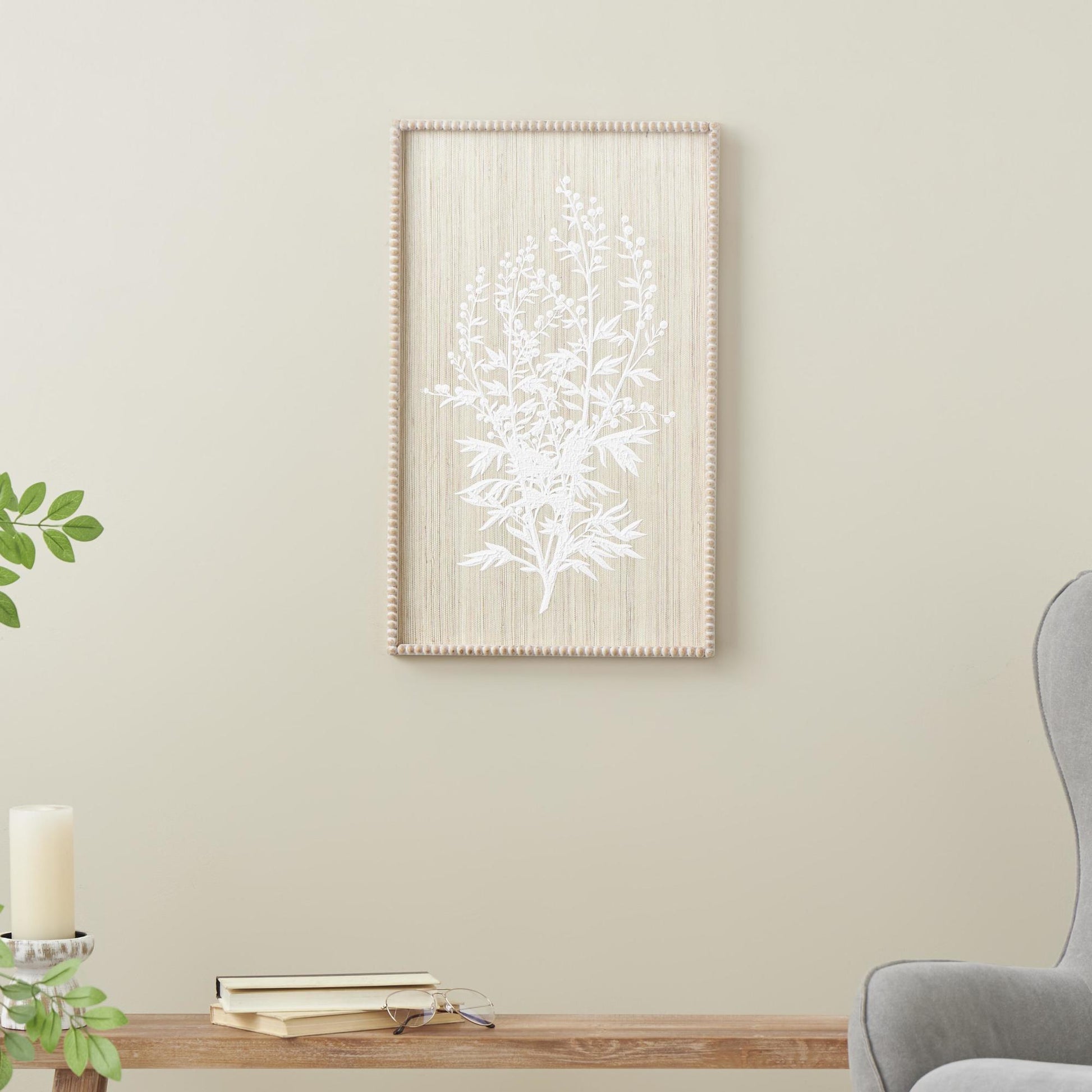 Floral Cream Wood Textured Living Room Framed Wall Art with White Painted Accents and Beaded Frame