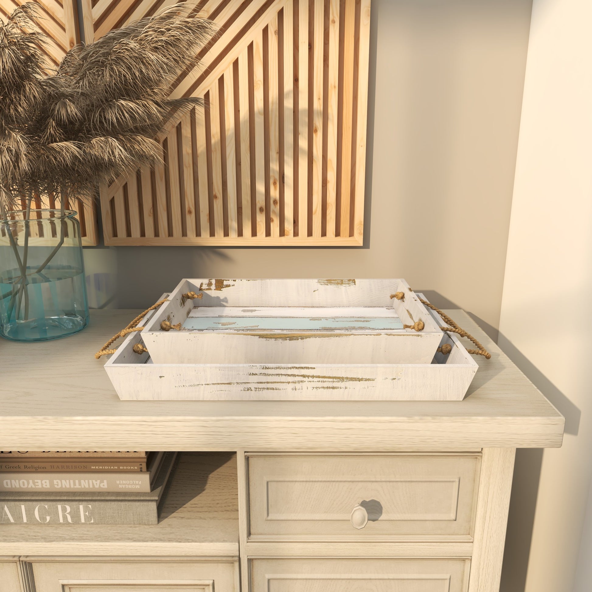 Set of 2 Nautical White Wood Distressed Living Room Decor Tray with Blue Stripes and Jute Handles