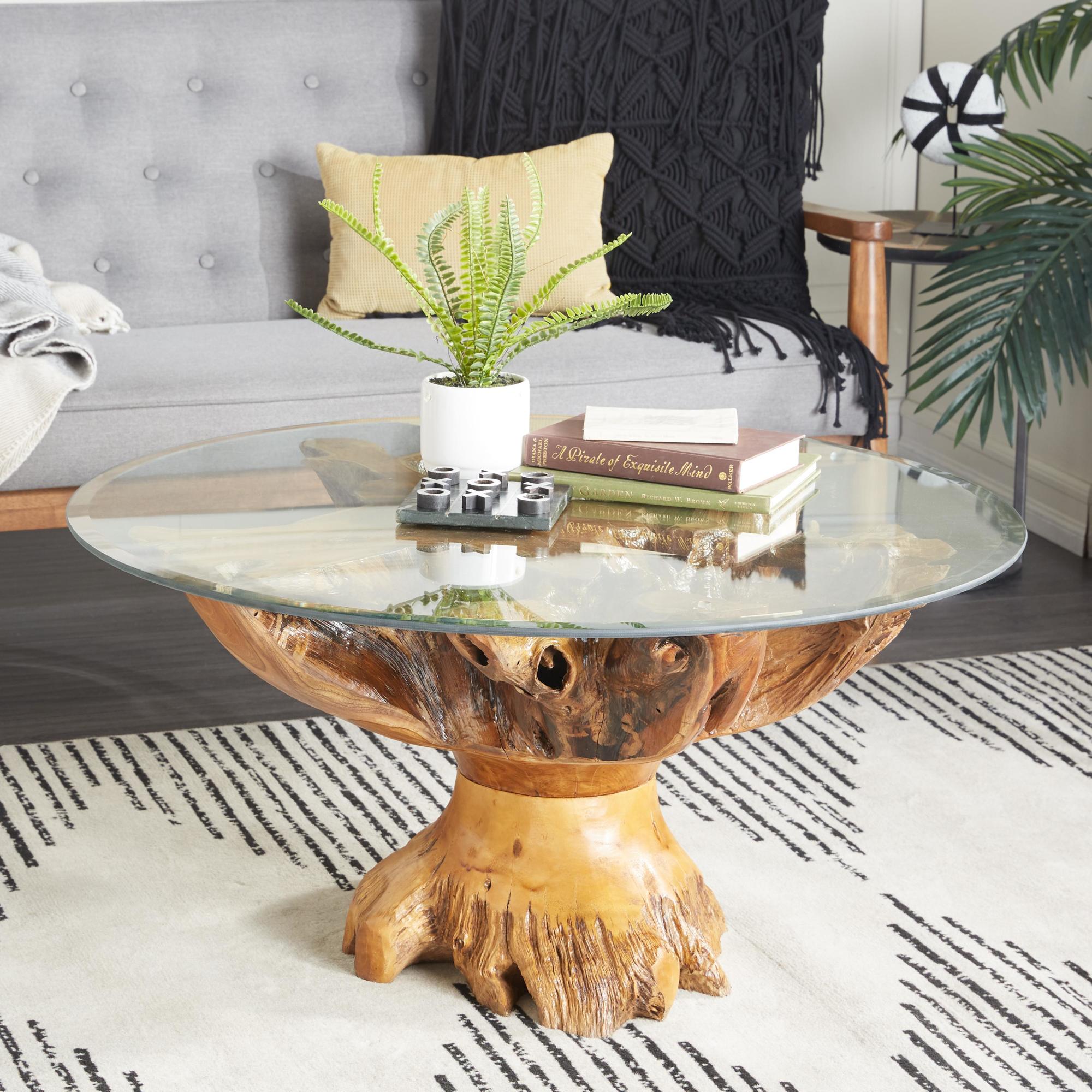 Brown Teak Wood Handmade Live Edge Tree Stump Living Room Coffee Table with Clear Glass Top