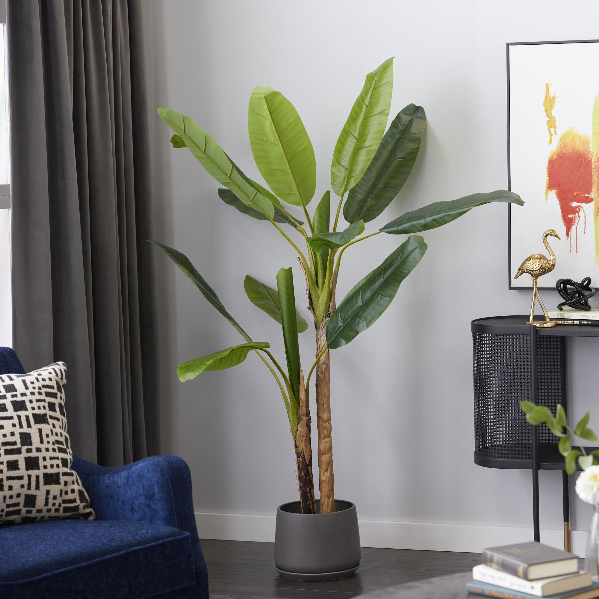 Banana Leaf Green Faux Foliage Indoor Outdoor Artificial Tree with Realistic Leaves and Black Plastic Pot