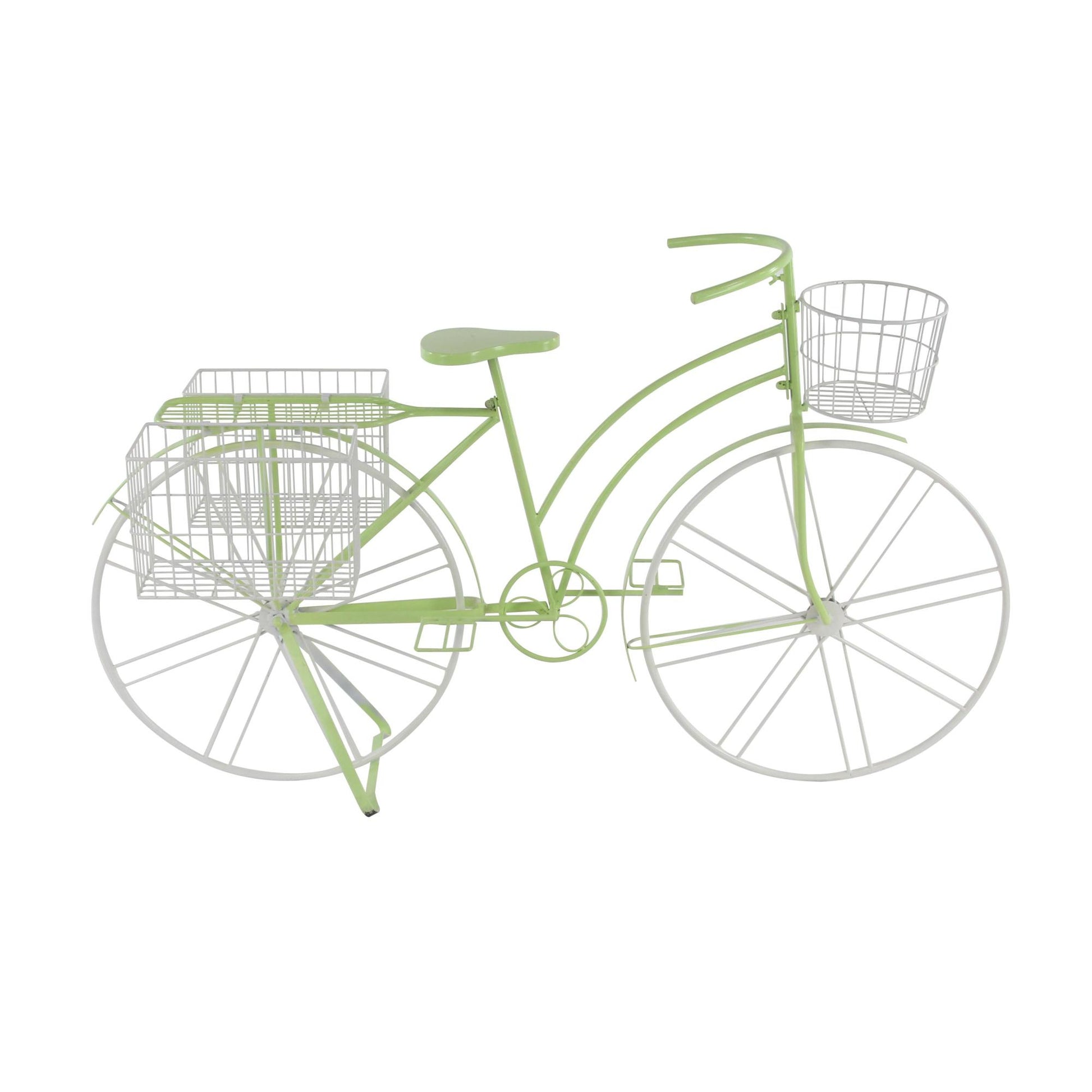 Bike Green Metal Indoor Outdoor Plantstand with Basket and Saddle Bag Planters