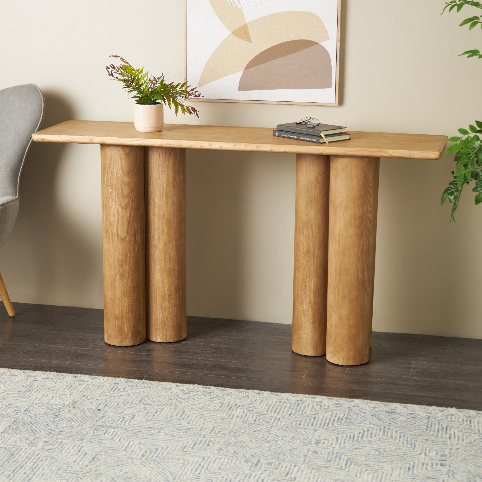 Brown Wood Handmade Rectangular Living Room Console Table with Pillar Legs