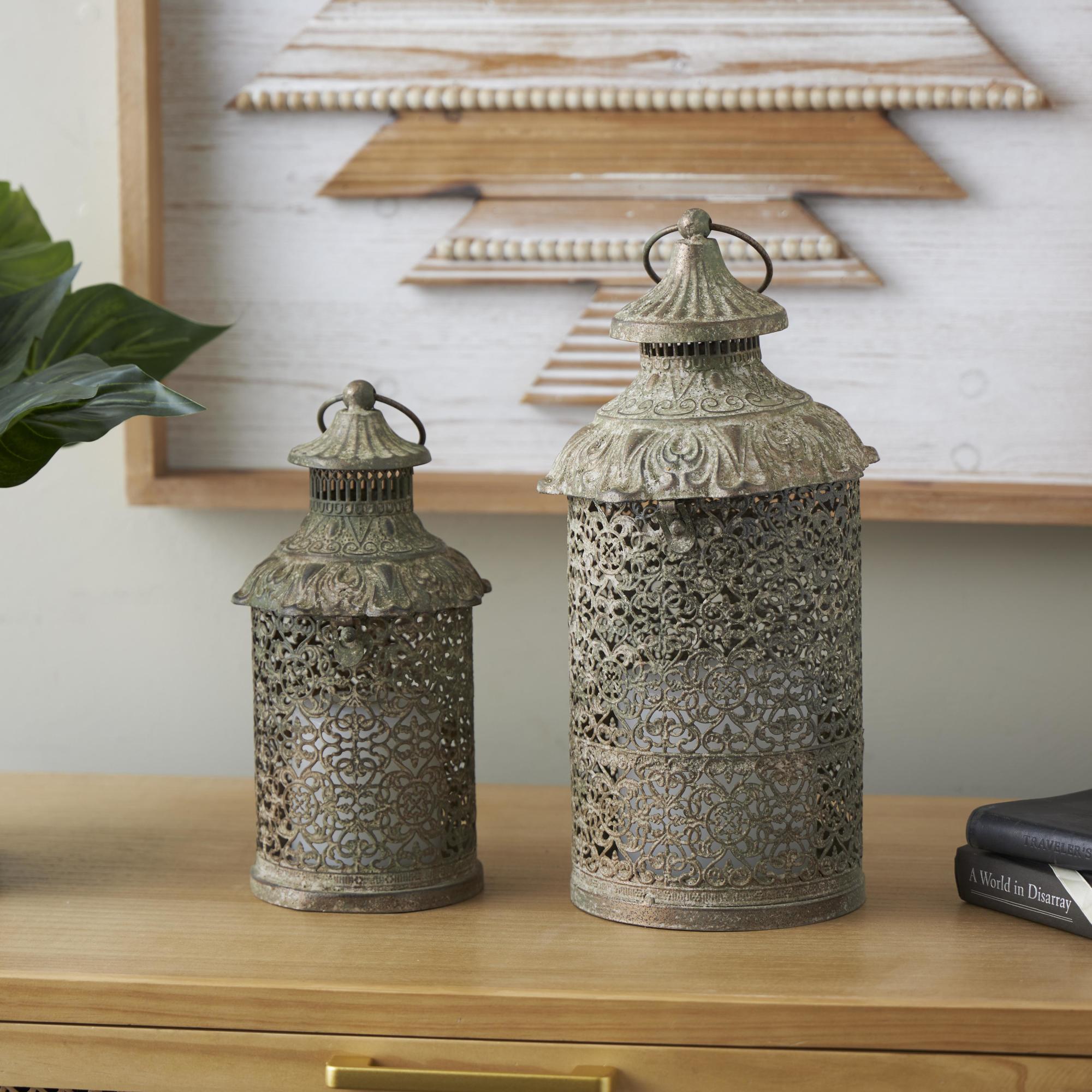 Set of 2 Brown Metal Distressed Vintage Inspired Ornate Indoor Outdoor Candle Lantern