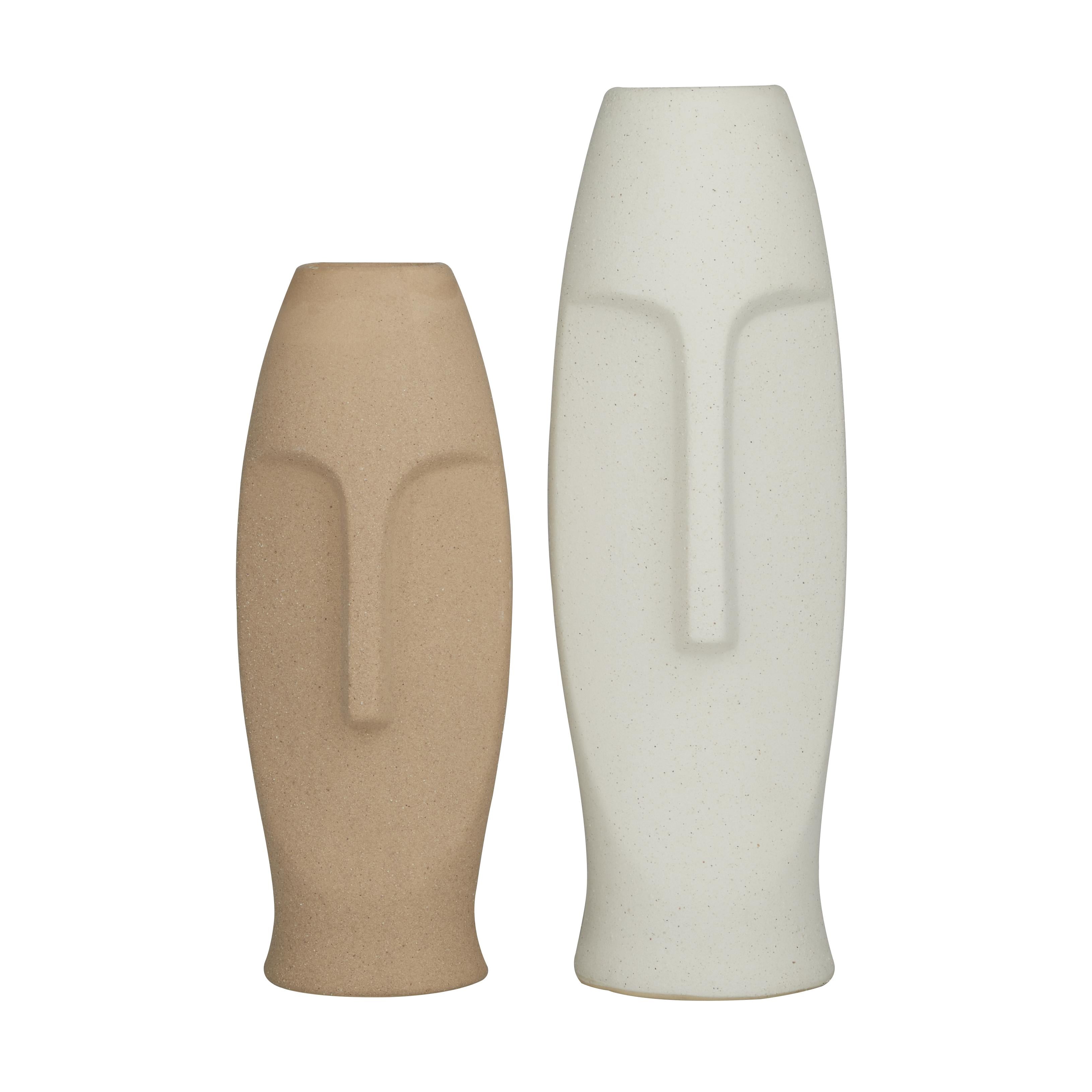 Set of 2 Tribal Beige Ceramic Easter Island Head Decorative Vase