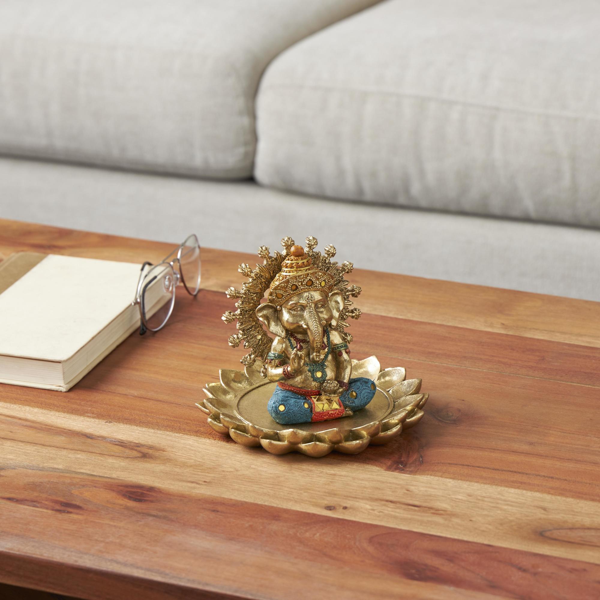 Ganesh Gold Resin Decorative Sculpture with Lotus Plate and Colorful Dresswear