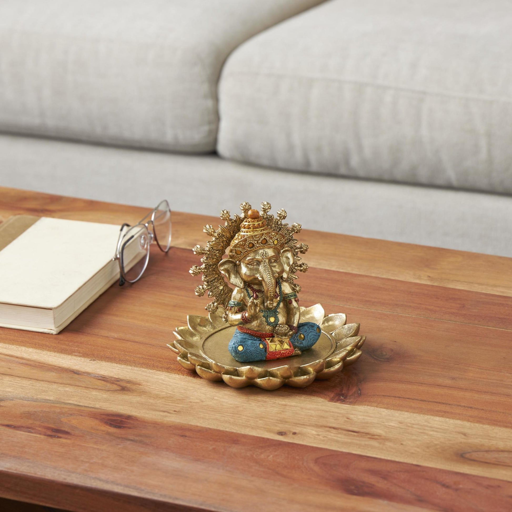 Ganesh Gold Resin Decorative Sculpture with Lotus Plate and Colorful Dresswear