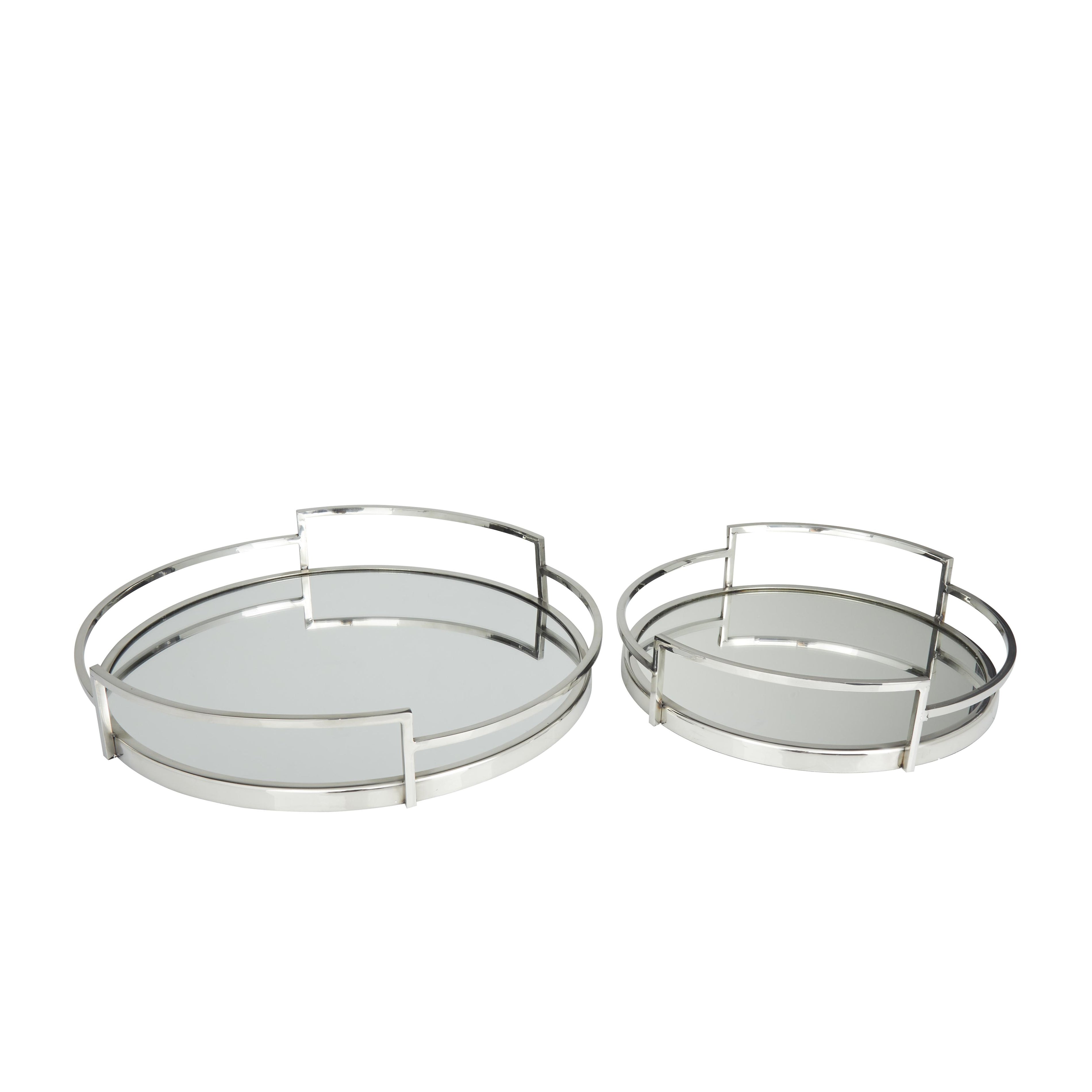 Set of 2 Stainless Steel Metal Round Mirrored Living Room Decor Tray with Elevated Rim and Handles