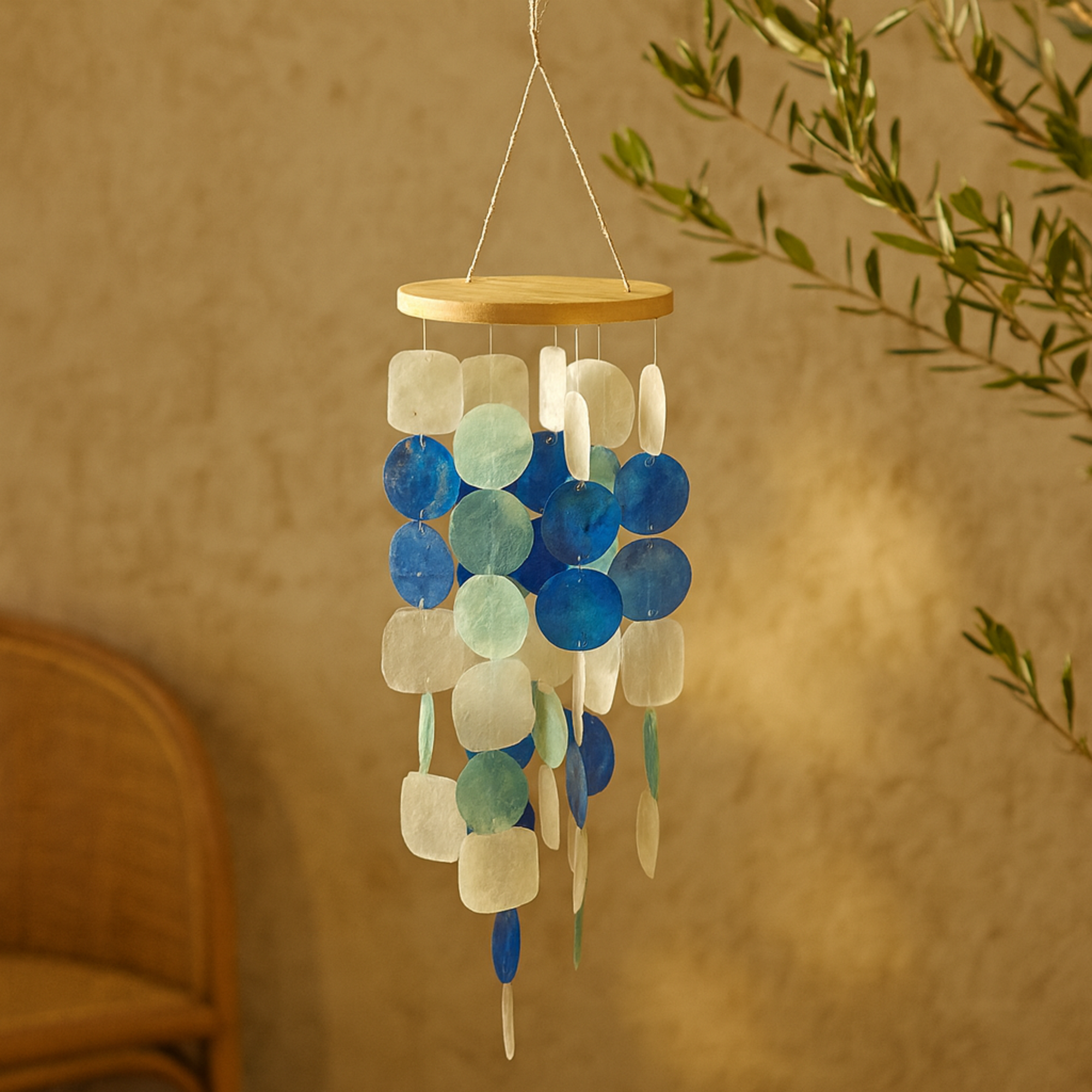 Geometric White Capiz Shell Waterfall Indoor Outdoor Windchime with Blue and Teal Accents