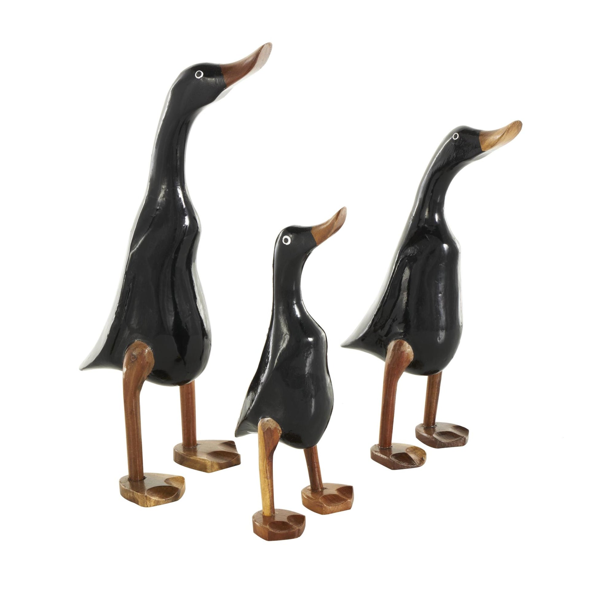 Set of 3 Duck Black Wood Decorative Sculpture with Brown Accents