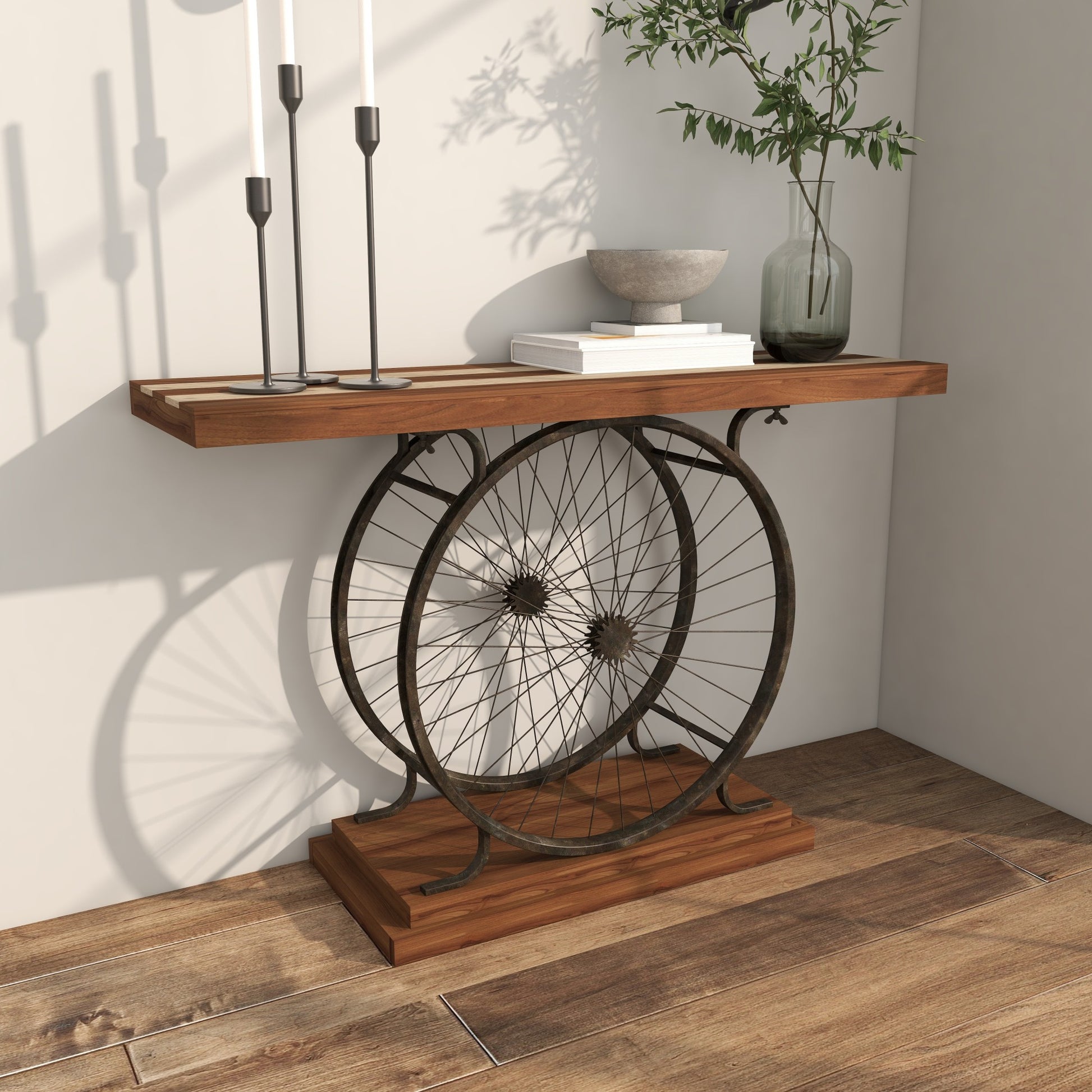 Bike Wood Wide Slatted Top Living Room Console Table with Dual Wheel Frame and Tiered Base