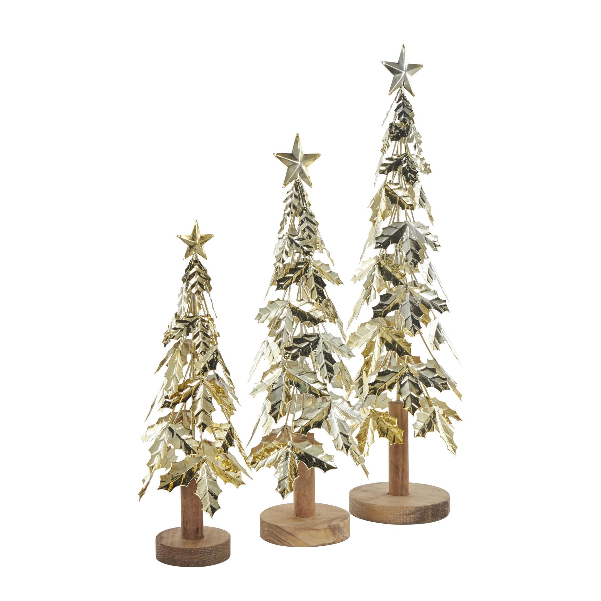 Set of 3 Tree Gold Metal Holiday Layered Decorative Christmas Sculpture with Wooden Base and Star Topper