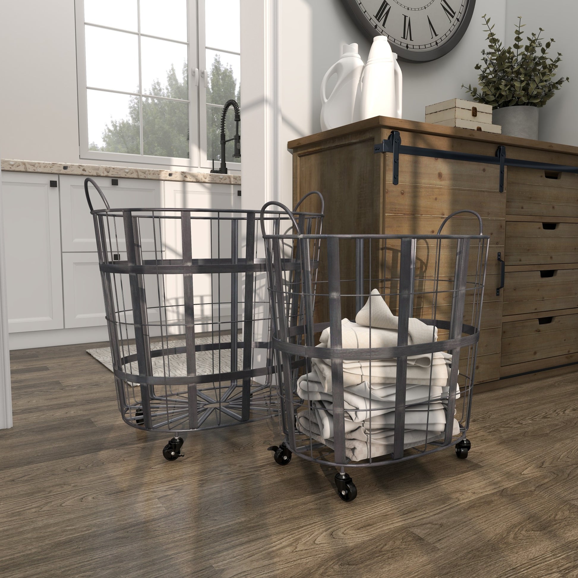 Set of 2 Black Metal Wire Grid Decorative and Functional Storage Basket with Wheels and Handles
