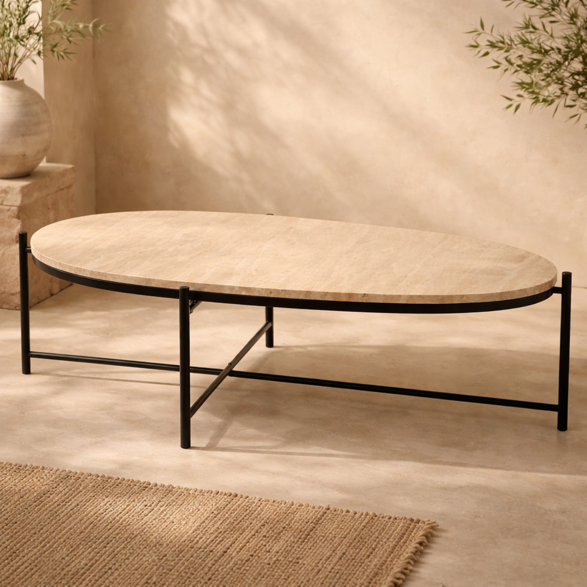 Beige Marble Oval Living Room Coffee Table with Black Metal Support