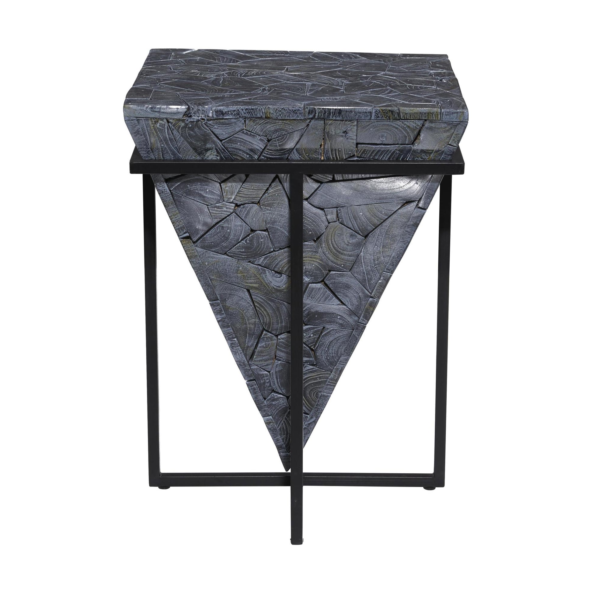 Geometric Teak Wood Handmade Inverted Pyramid Side End Accent Table with Black Metal Base 17" x 17" x 22"