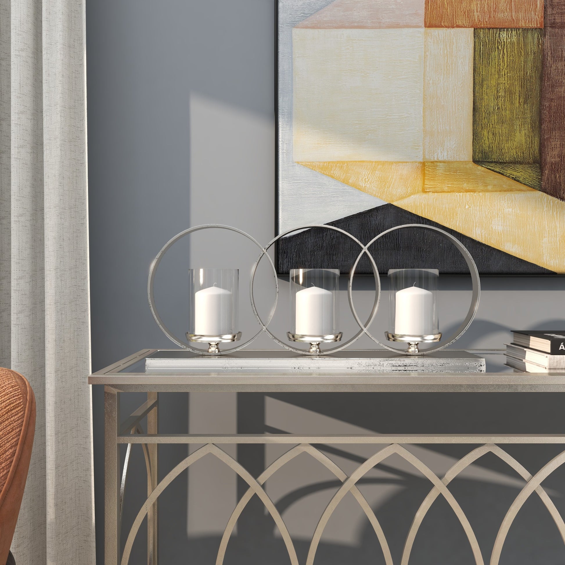 Geometric Silver Aluminum Metal Overlapping Rings Pillar 3 Plate Decorative Candelabra