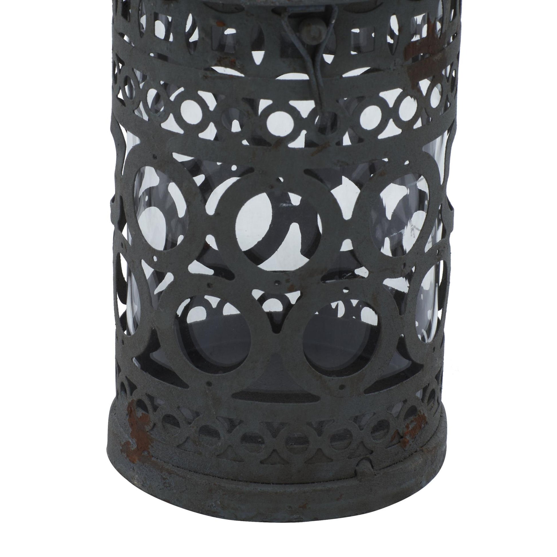 Set of 2 Scroll Black Metal Decorative Indoor Outdoor Candle Lantern with Ring Handle