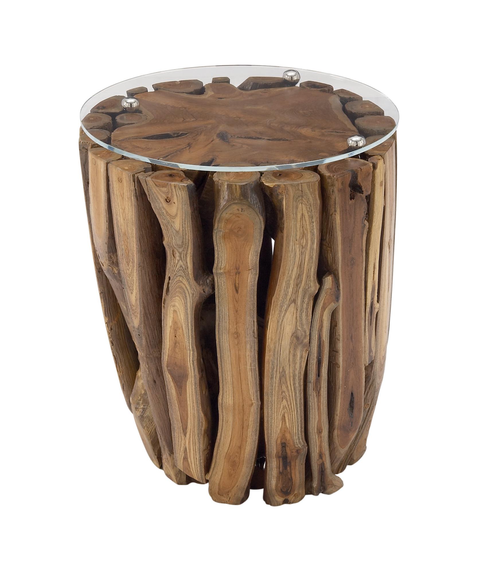 Brown Teak Wood Handmade Live Edge Tree Branch Side End Accent Table with Clear Glass Top