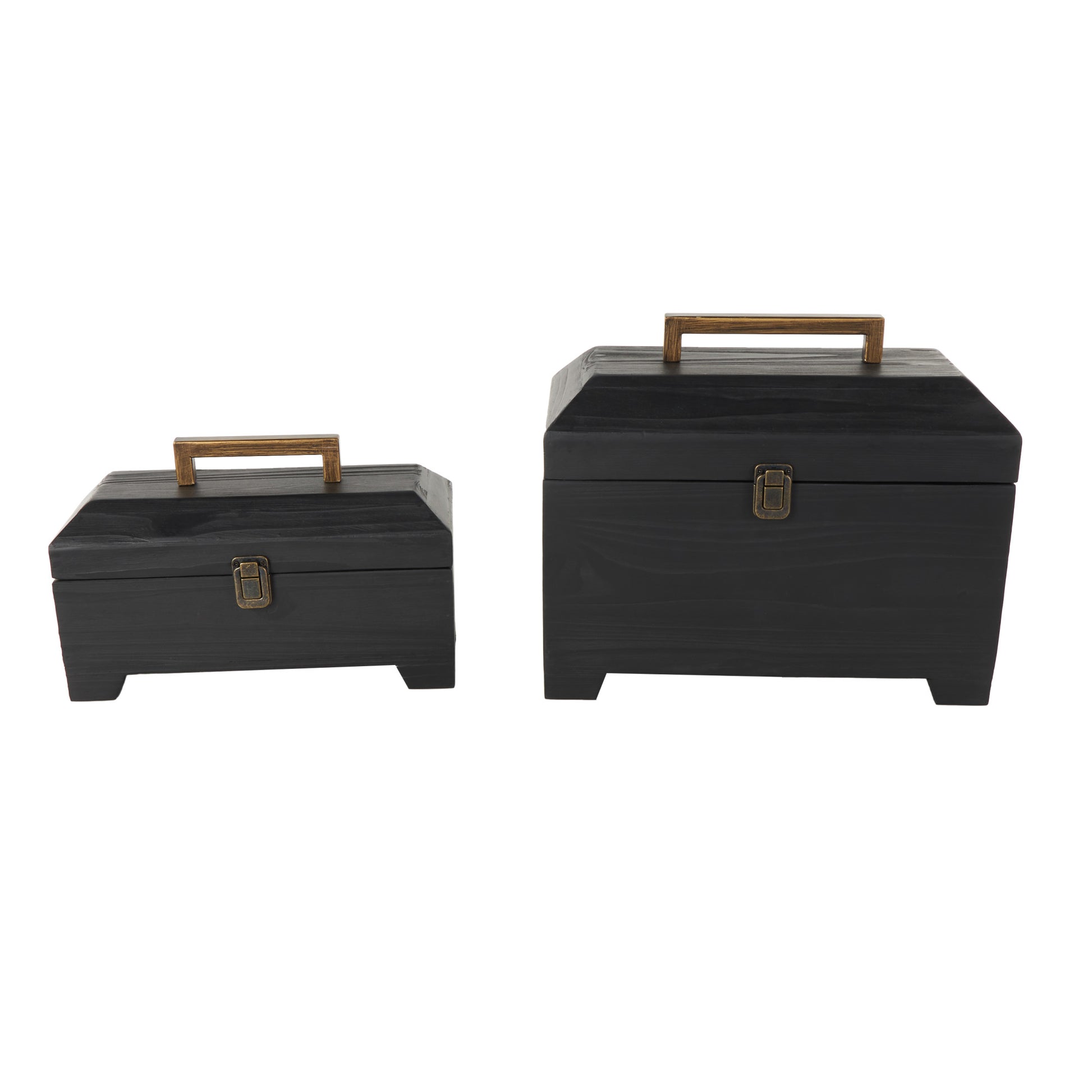 Set of 2 Black Wood Handmade Decorative Box with Brass Latches and Handle