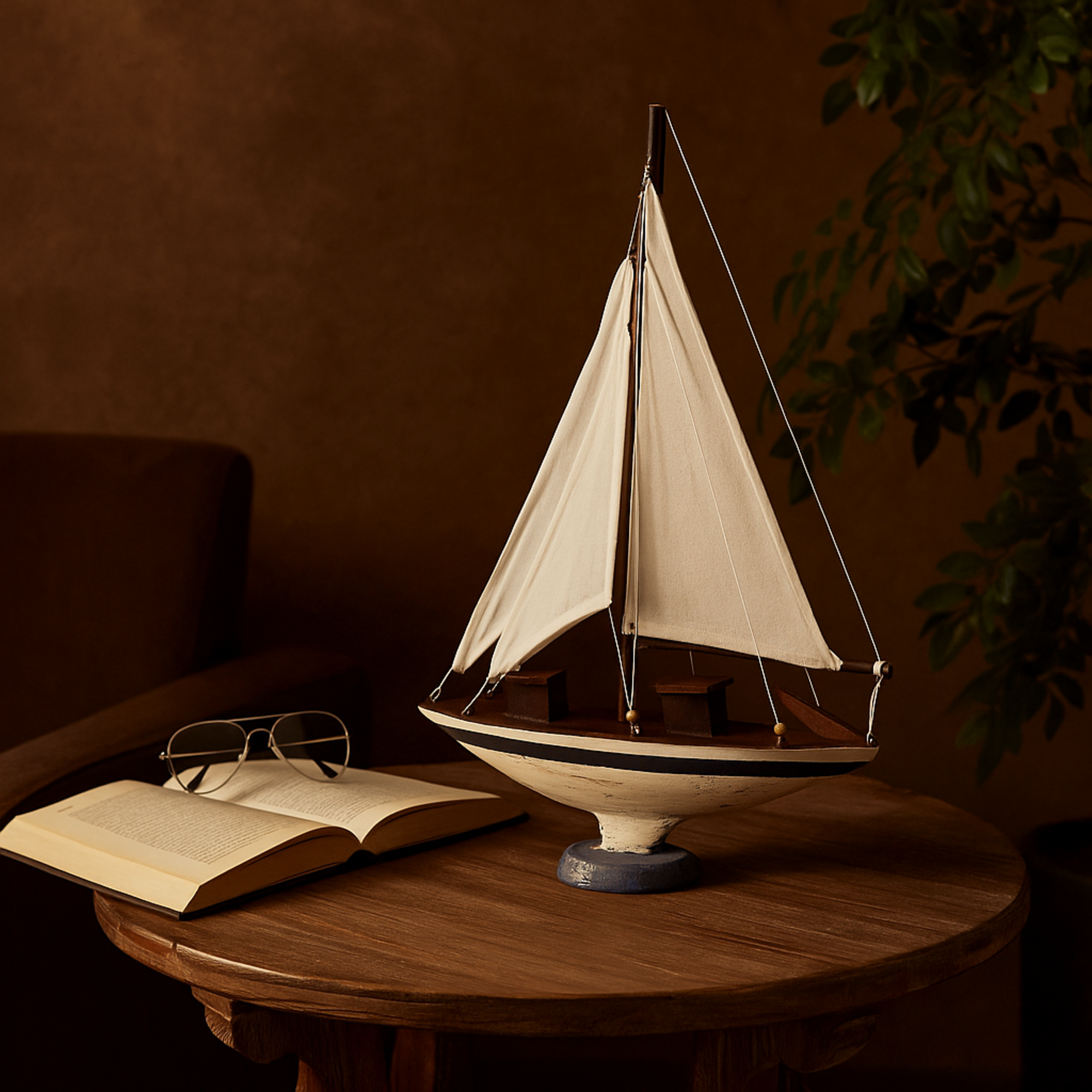Sail Boat White Wood Distressed Decorative Sculpture with Brown Wood and Beaded Accents