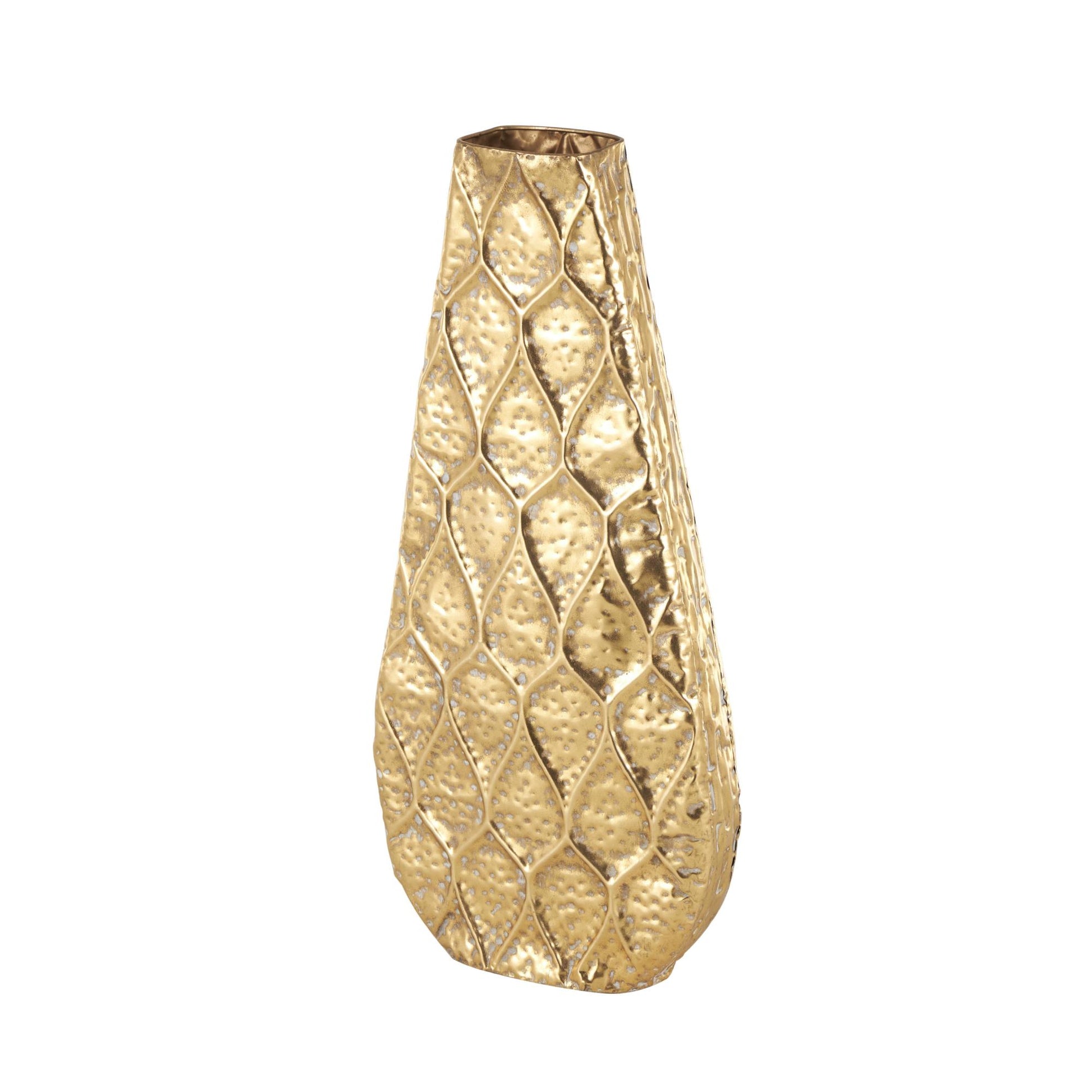 Gold Metal Textured Concaved Teardrop Decorative Vase with Peacock Inspired Design