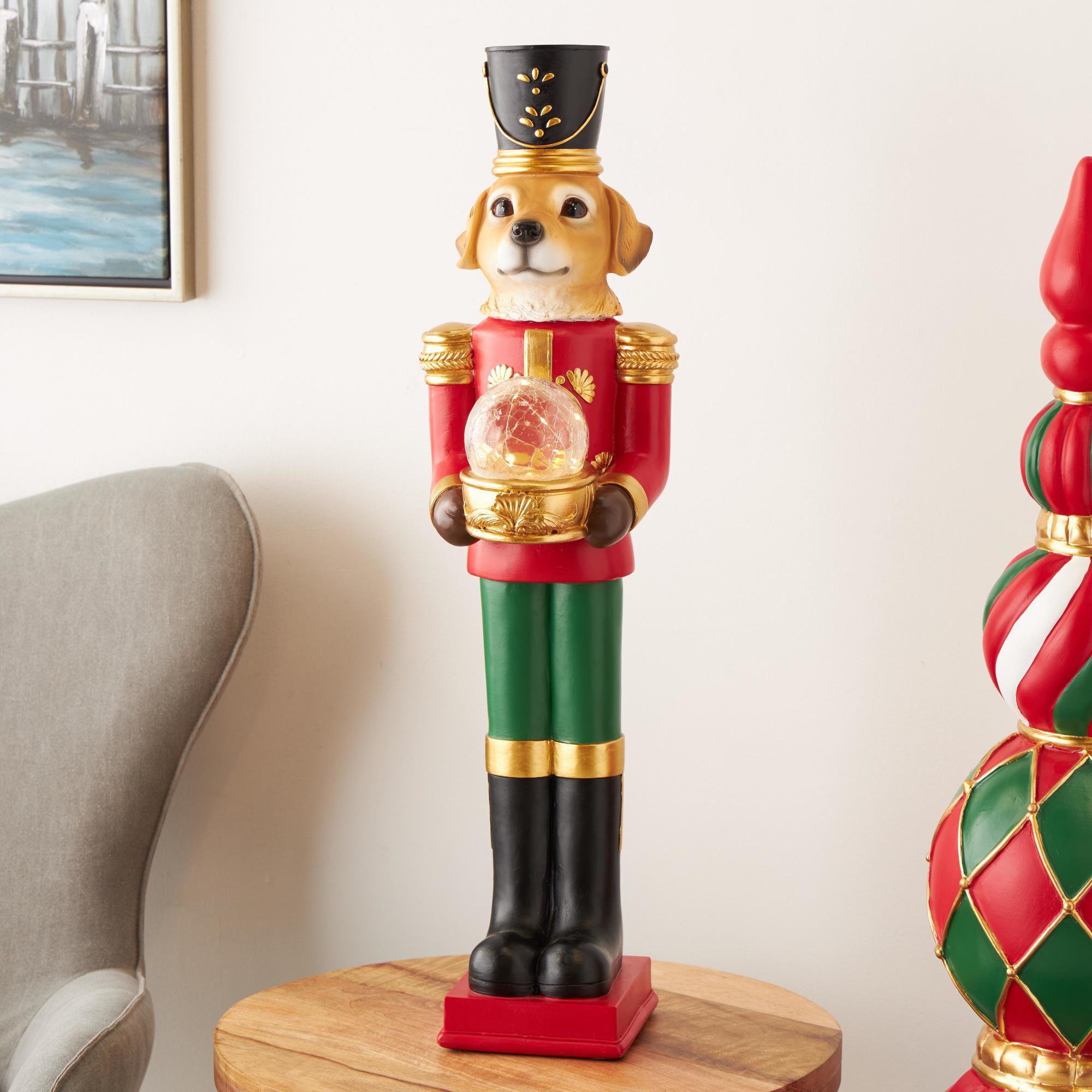 Dog Red Fiberglass Tall Soldier Nutcracker Decorative Christmas Sculpture with LED Light Snow Globe