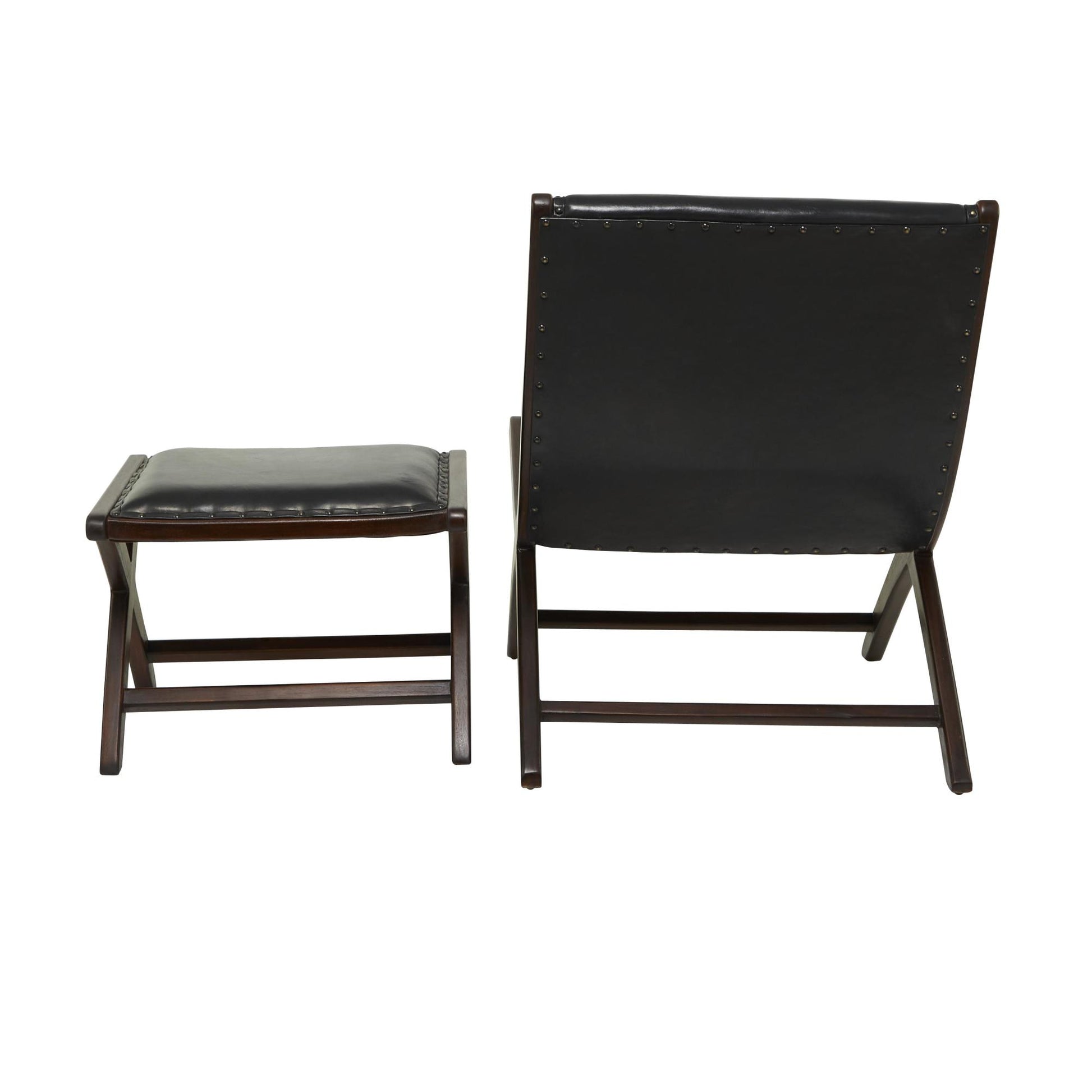 Teak Wood Handmade Upholstered Leather Room Accent Chair with Ottoman