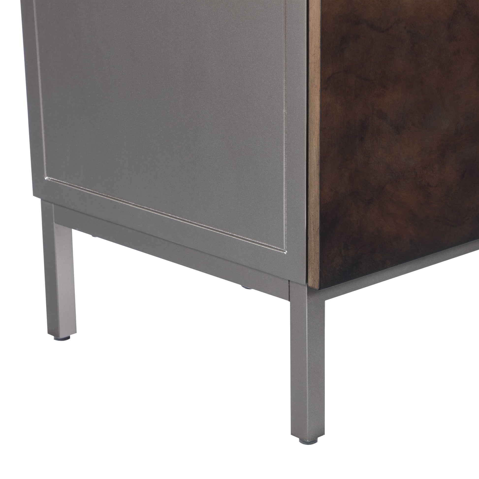 Silver Metal 2 Door Media Credenza Cabinet with Brown Wavy Designed Wooden Front