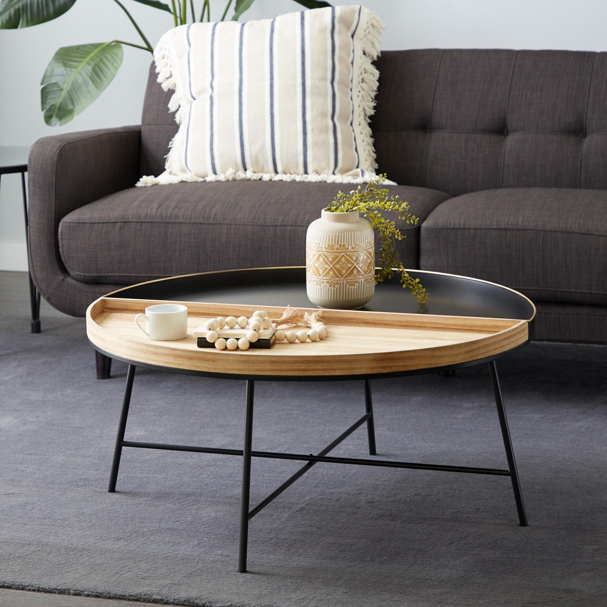 Black Metal Two-Toned Wood Split Tray Living Room Coffee Table