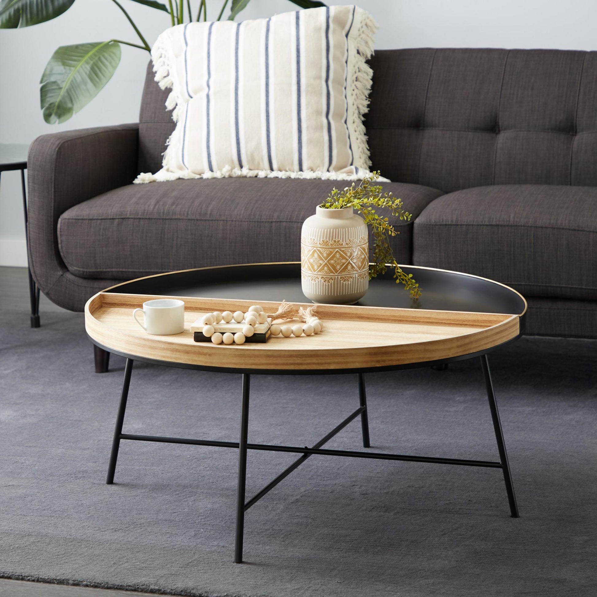Black Metal Two-Toned Wood Split Tray Living Room Coffee Table