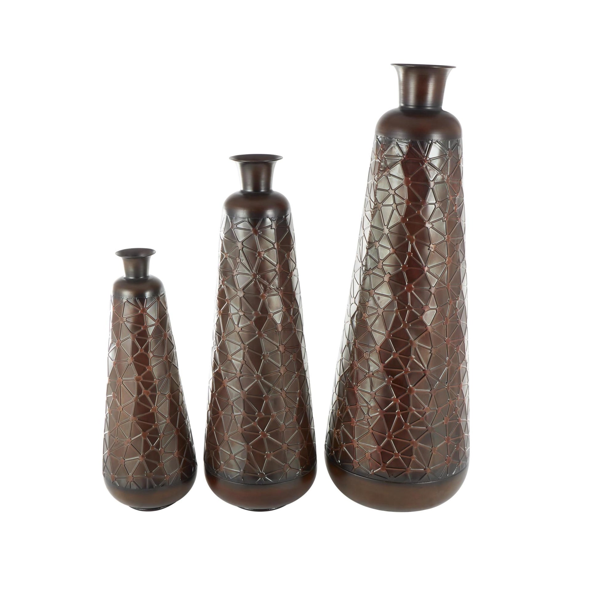 Set of 3 Metal Tall Tapered Floor Decorative Vase with Brown Trumpet Tops Set of 3 18", 39", 28"H