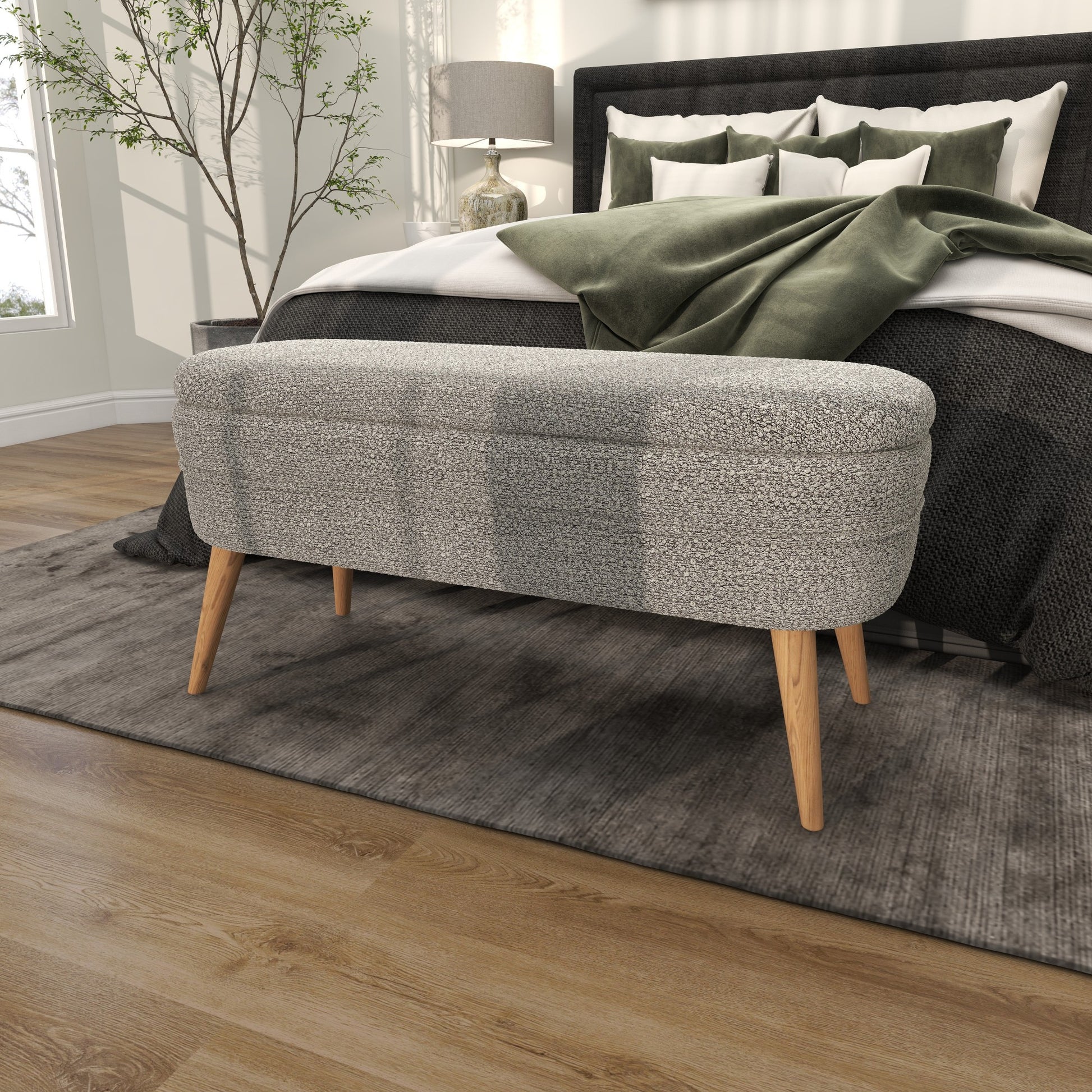 Gray Polyester Rounded Upholstered Boucle Room Storage Bench with Tapered Wood Legs