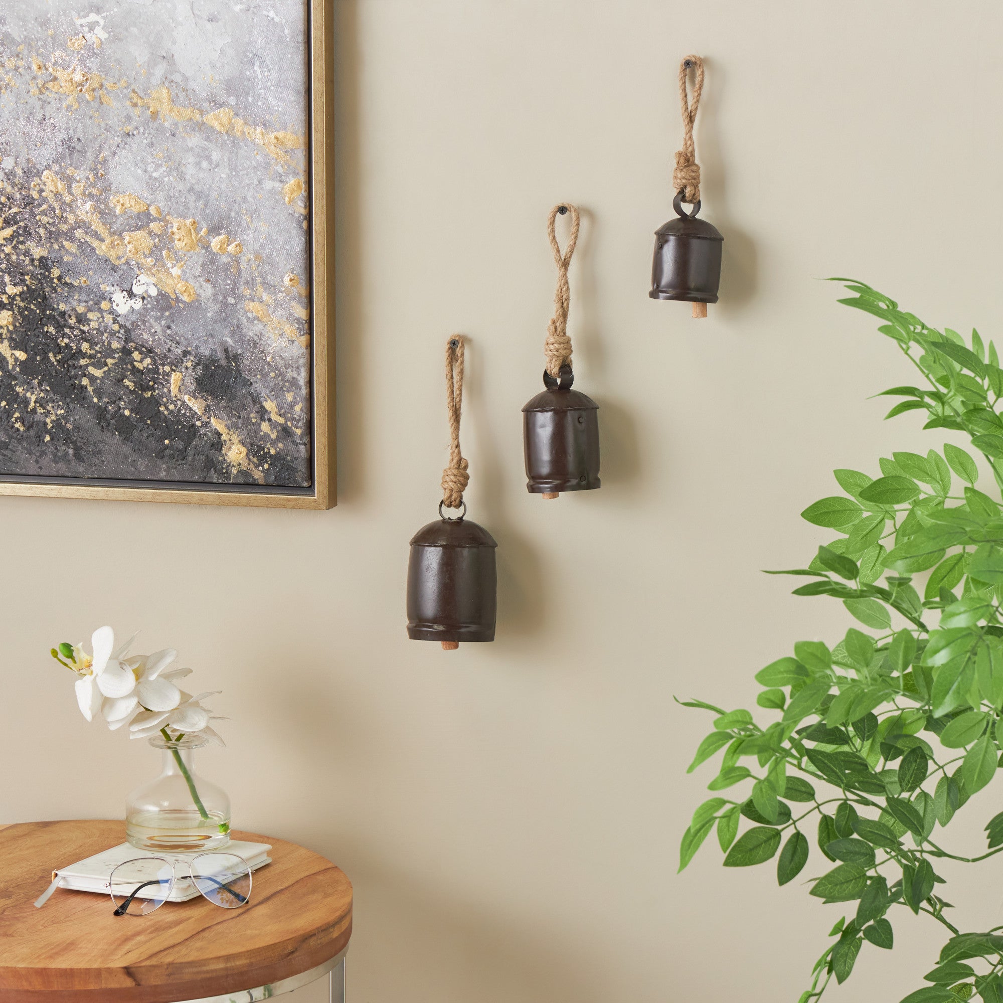 Set of 3 Metal Tibetan Inspired Indoor Outdoor Decorative Cow Bells with Jute Hanging Rope