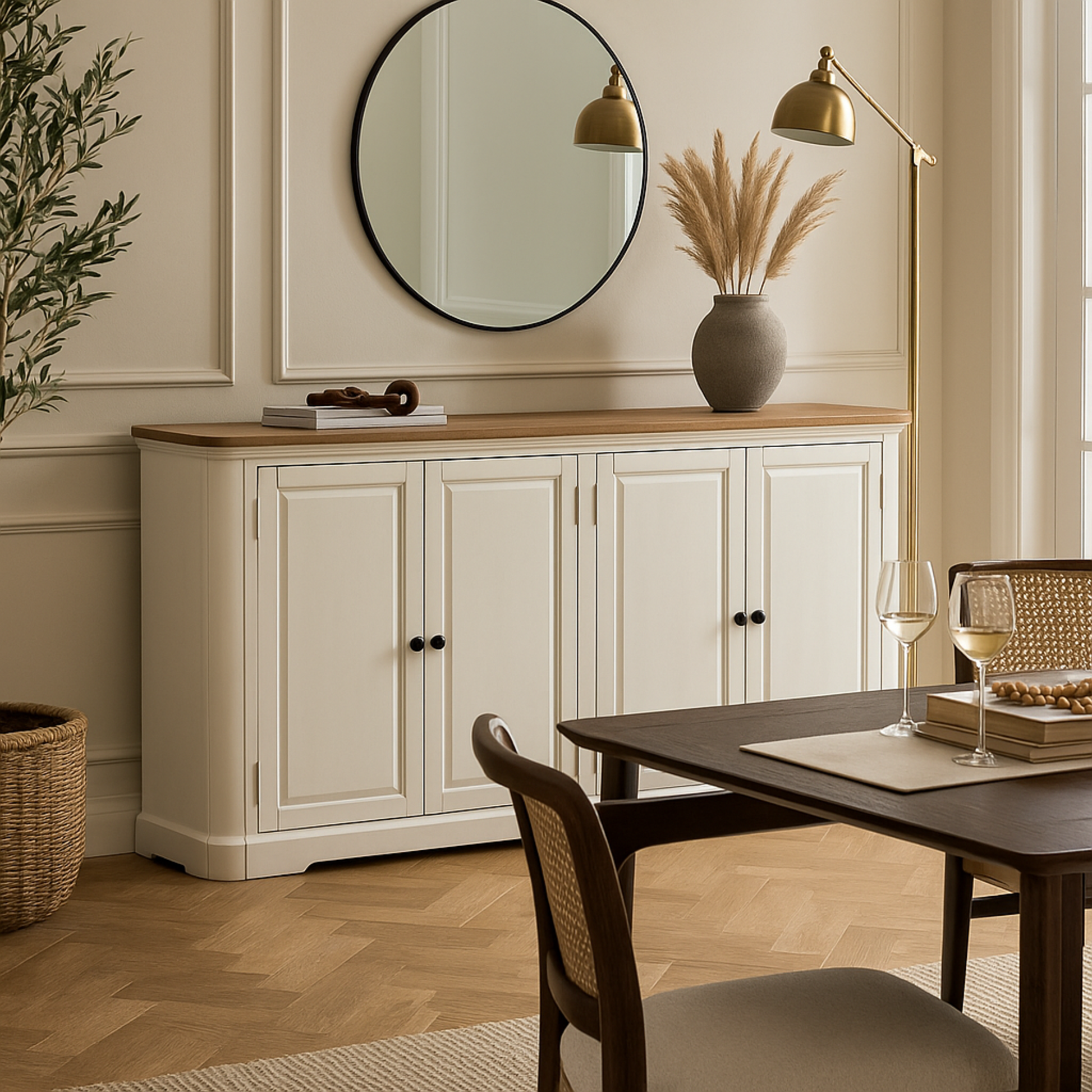 White Wood 4 Door Media Credenza Sideboard with Brown Wood Top and Black Round Knobs