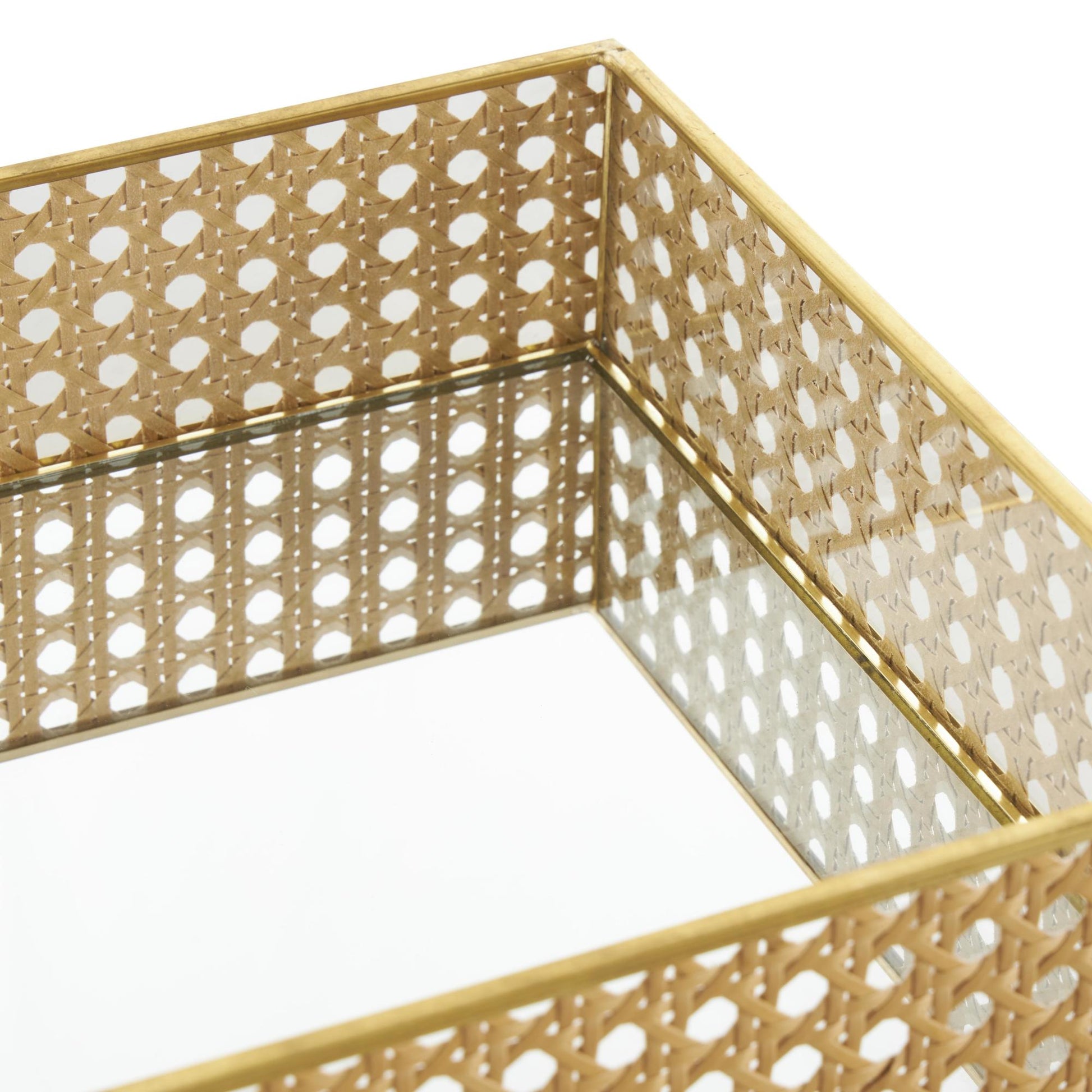 Set of 2 Brown Rattan Woven Living Room Decor Tray with Mirrored Glass Interior