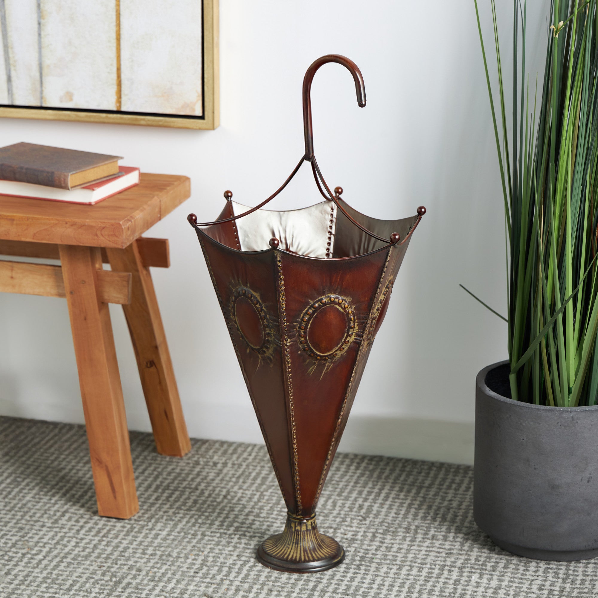 Brown Metal Decorative Umbrella Stand with Embossed Emblems