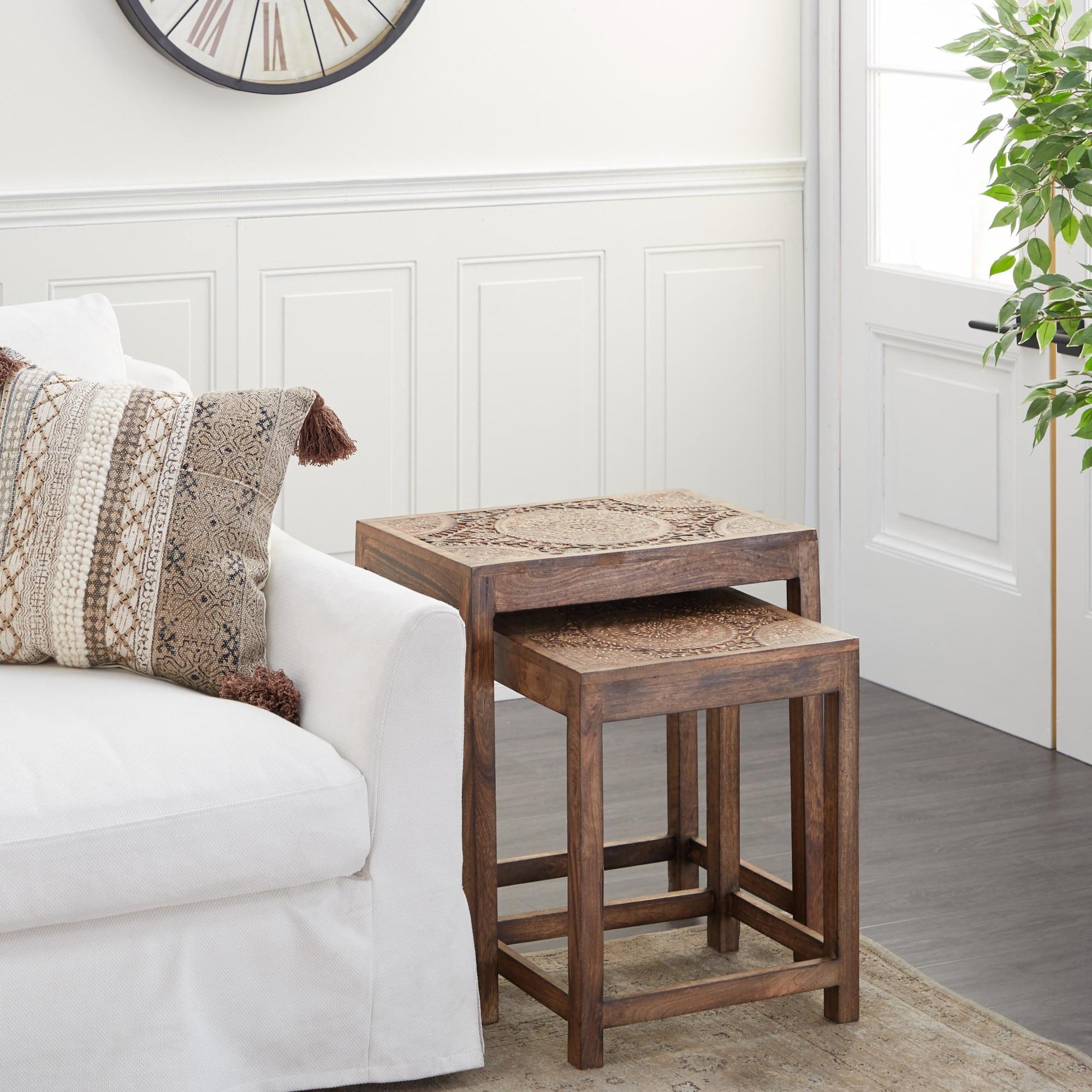 Set of 2 Floral Mango Wood Handmade Intricately Carved Side End Accent Table with Carved Tabletops