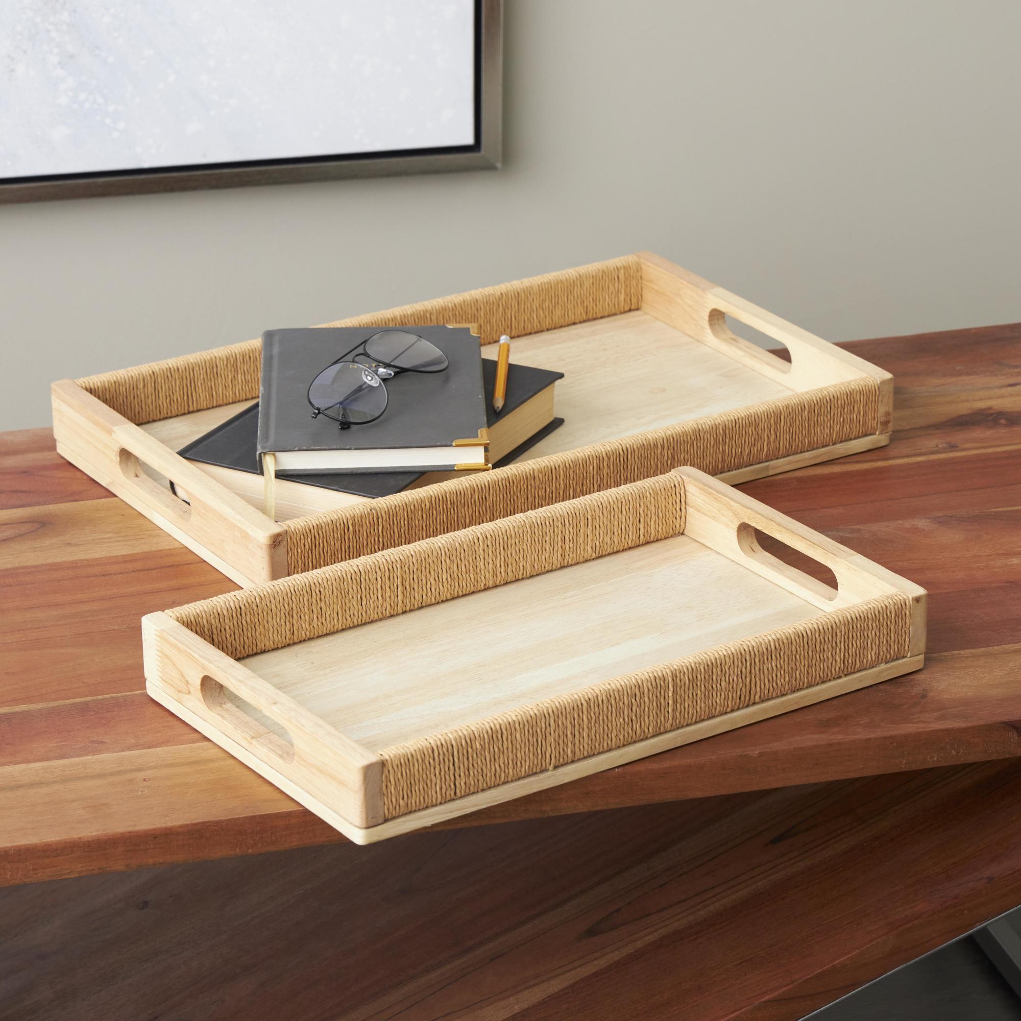 Set of 2 Light Brown Wood Handmade Living Room Decor Tray with Wrapped Rope Edges and Slit Handles