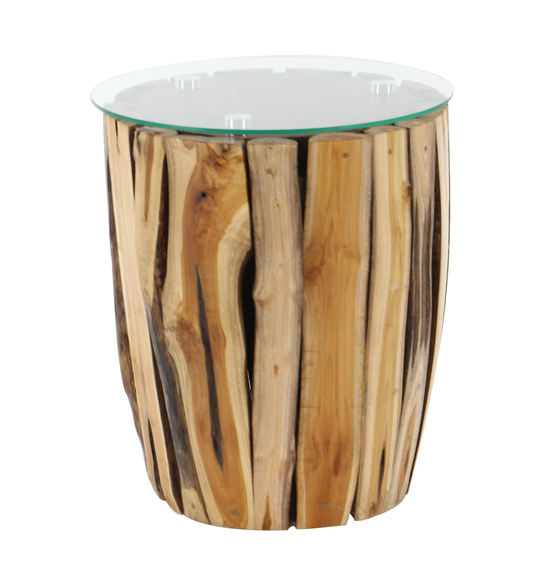 Brown Teak Wood Handmade Live Edge Tree Branch Side End Accent Table with Clear Glass Top