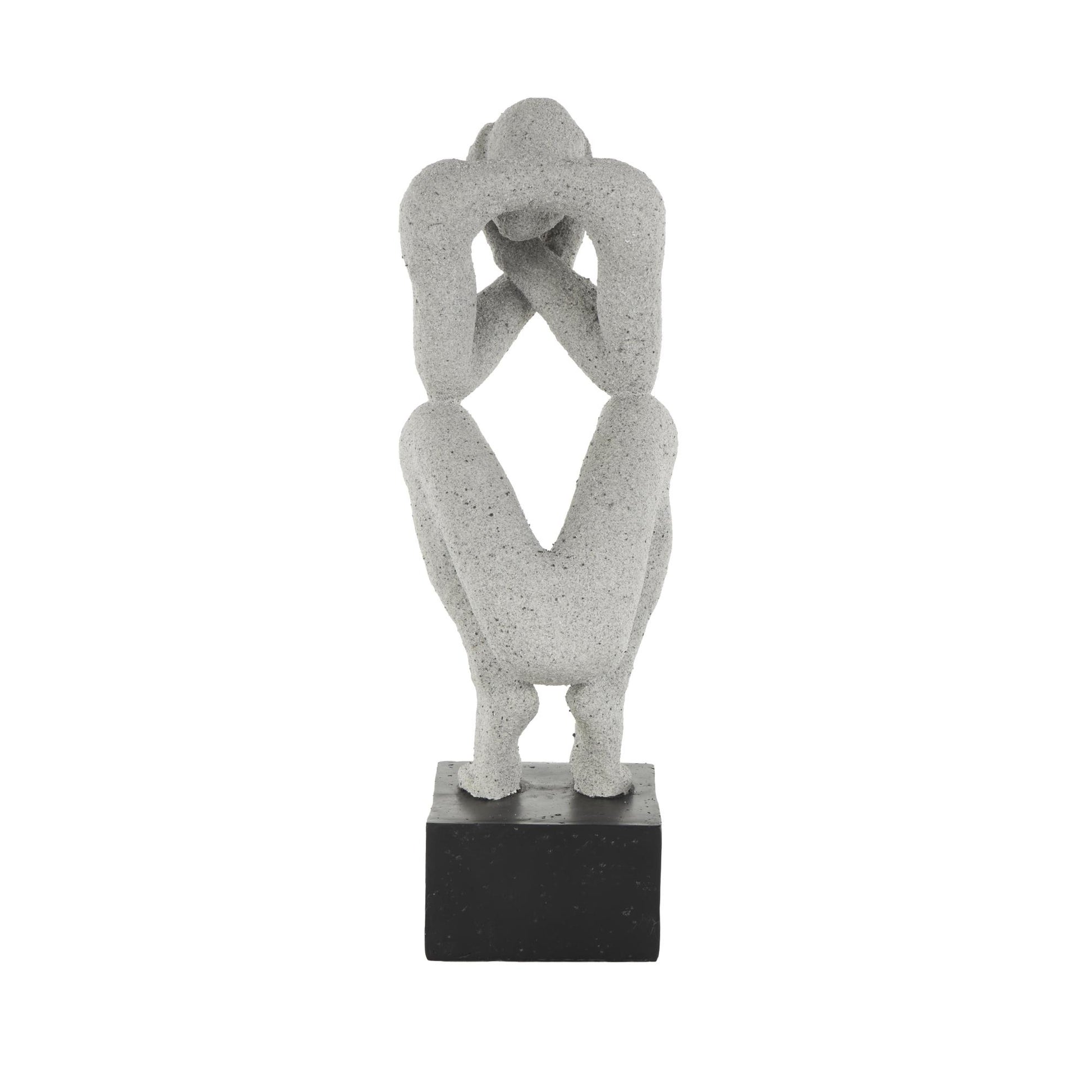 People Gray Polystone Crouching Decorative Sculpture with Black Square Base